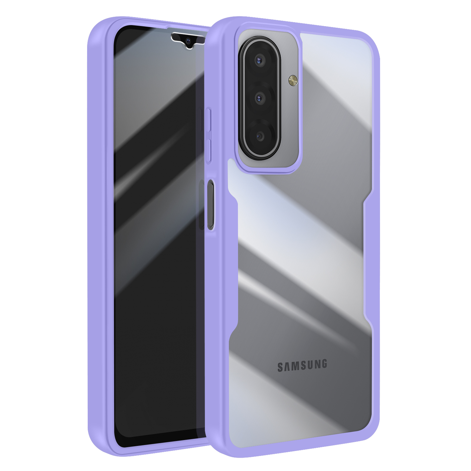 Telefoonhoesje met paars frame, transparante achterkant en telefoonscherm. Samsung-logo aan de achterkant. Drie camera's zijn zichtbaar.