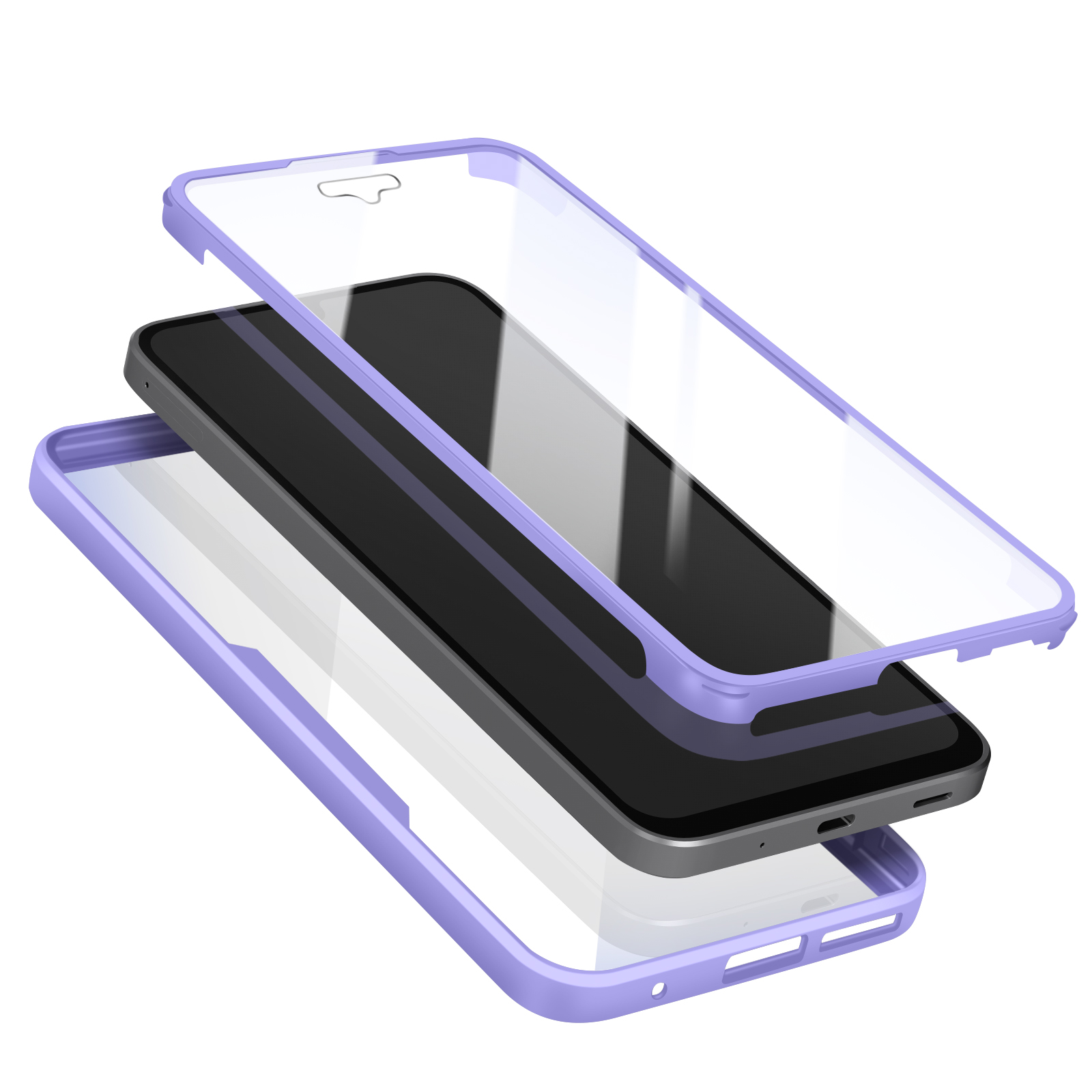 Een telefoon met een schermbeschermer en een paarse hoes. De beschermer is doorzichtig en de telefoon is zwart. Hoes en beschermer zijn gescheiden.
