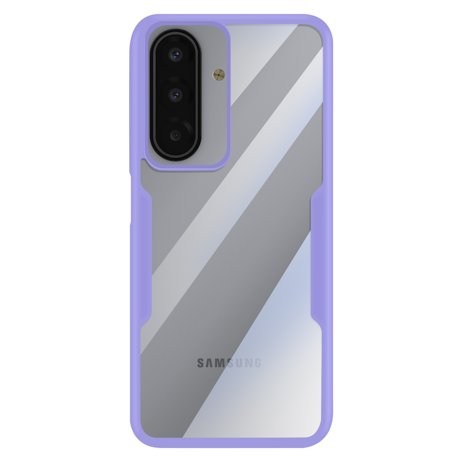 Een paarse telefoonhoes met een doorzichtige achterkant, met de camera van een telefoon en het Samsung-logo.