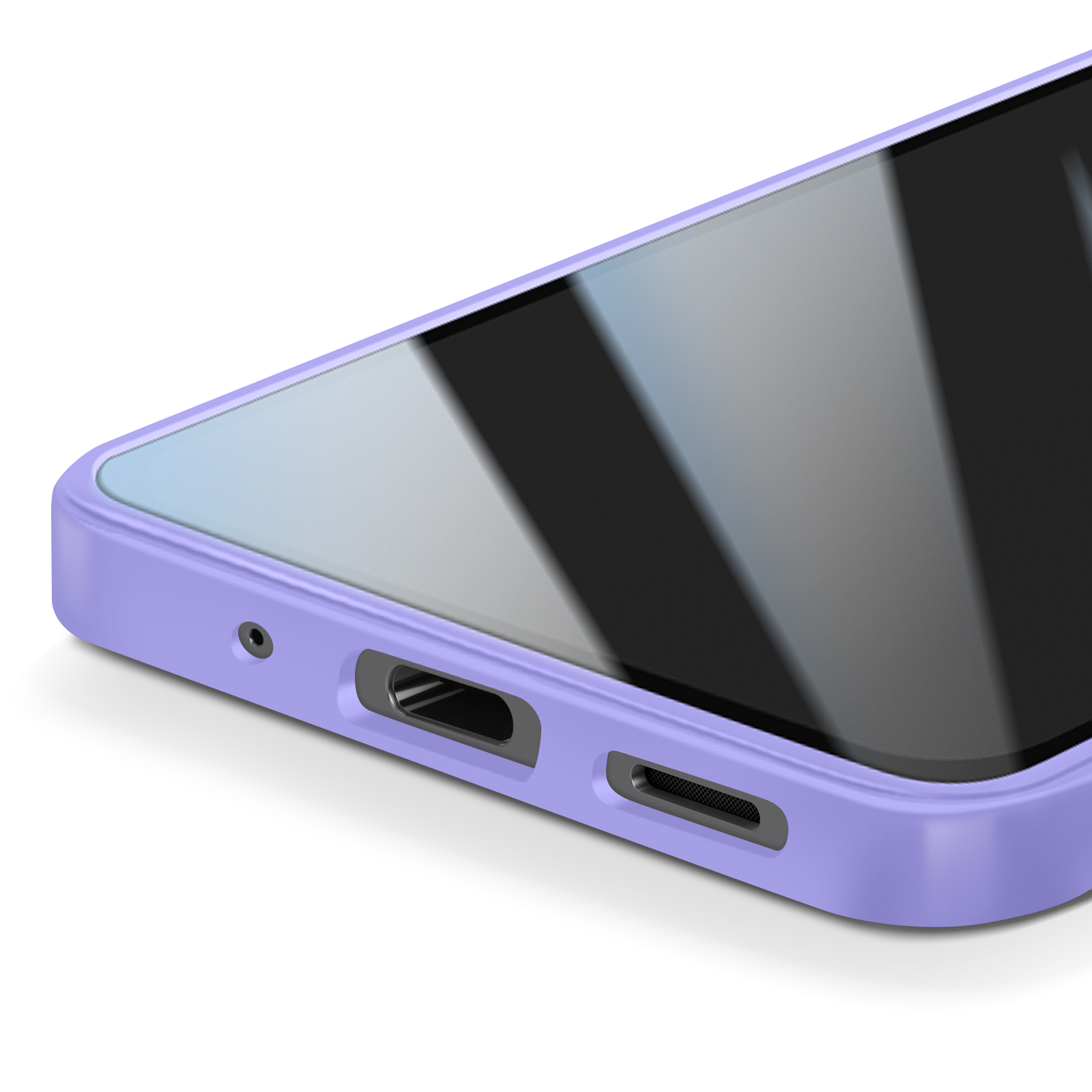 Close-up van een telefoon in een lavendelkleurige hoes. Het scherm is zwart en reflecteert licht. Details: poorten en een luidspreker.