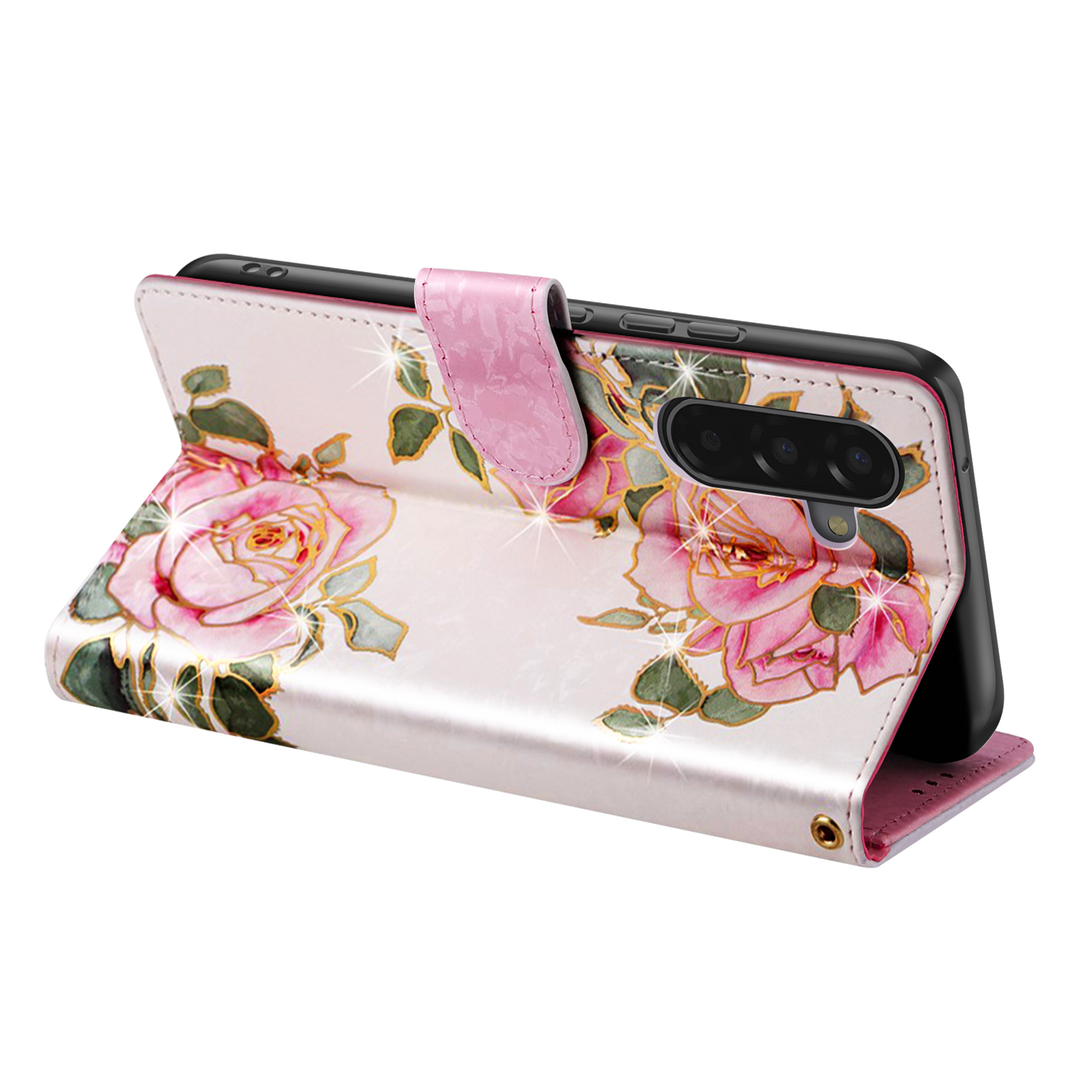 Una custodia per telefono con rose rosa e dettagli dorati. È aperta, mostrando il telefono. La custodia ha un cinturino rosa.