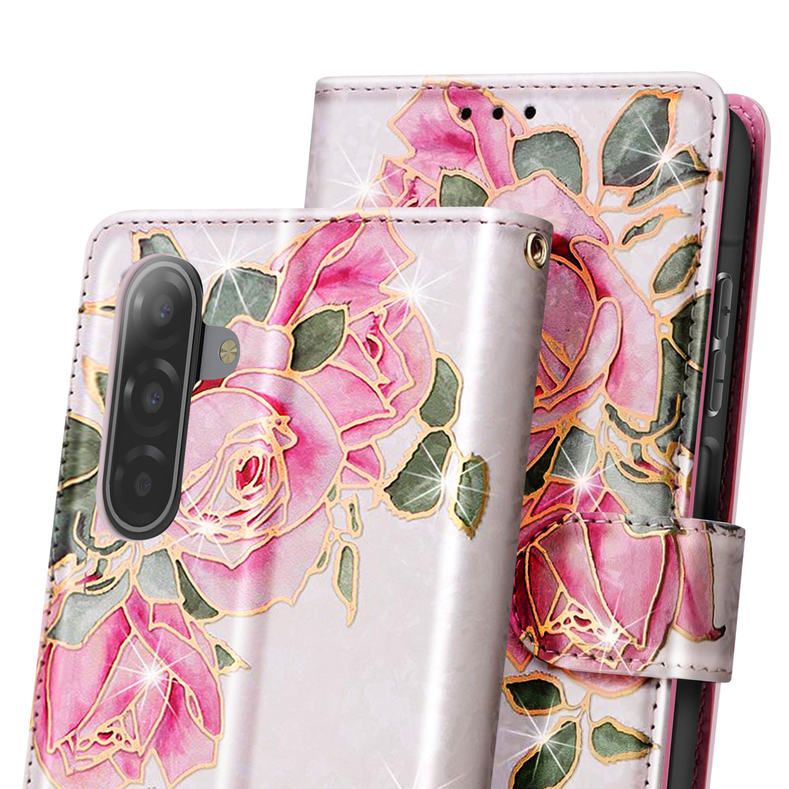 Una custodia per telefono con rose rosa e foglie verdi su sfondo bianco, effetto glitter. La custodia è aperta.