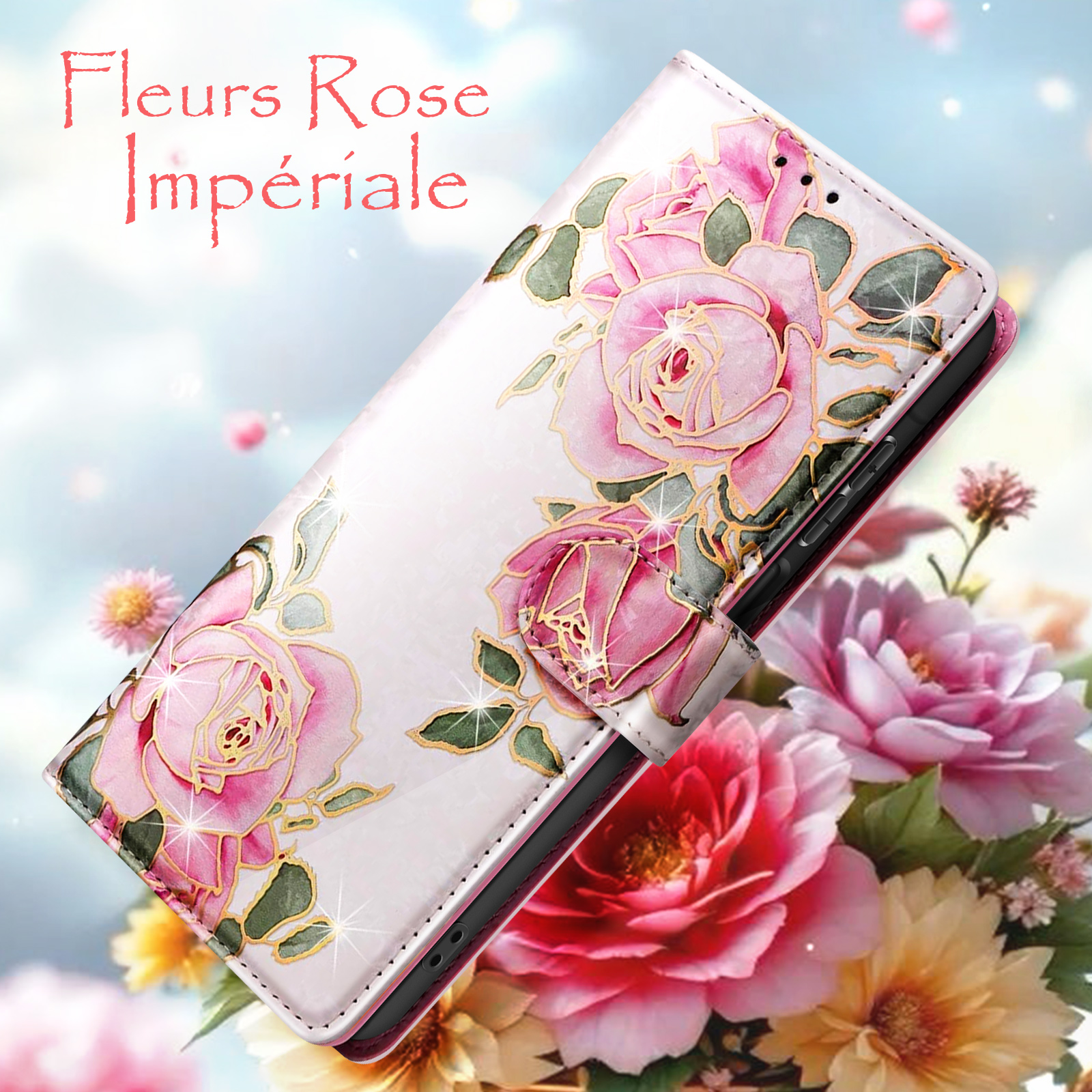 Una custodia per telefono con design di rose rosa e dettagli dorati. Il testo "Fleurs Rose Impériale" è in alto a sinistra.