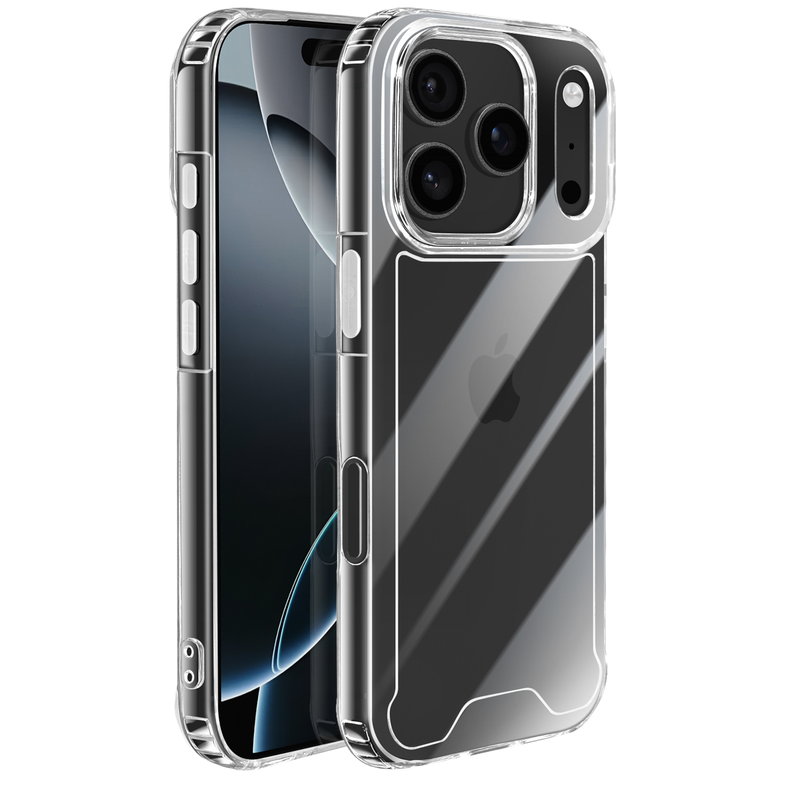 Coque de téléphone transparente. La conception transparente met en valeur les caractéristiques du téléphone. Le logo Apple est visible.
