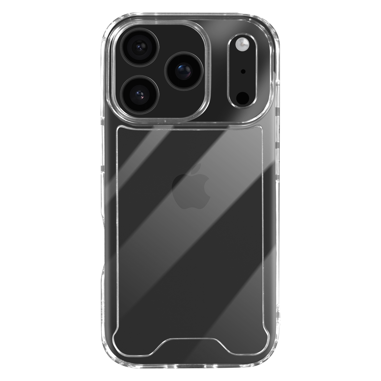Coque de téléphone transparente sur fond blanc. Trois objectifs, un flash et un logo Apple sont visibles.
