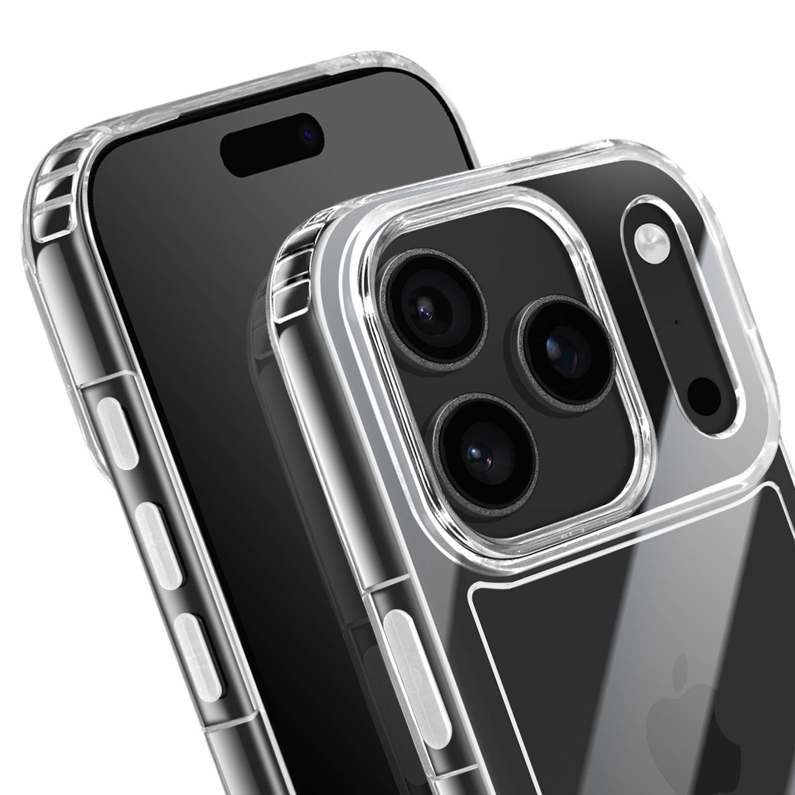 Coque de téléphone transparente sur deux téléphones noirs. La coque a des découpes pour l'appareil photo et des bords surélevés.