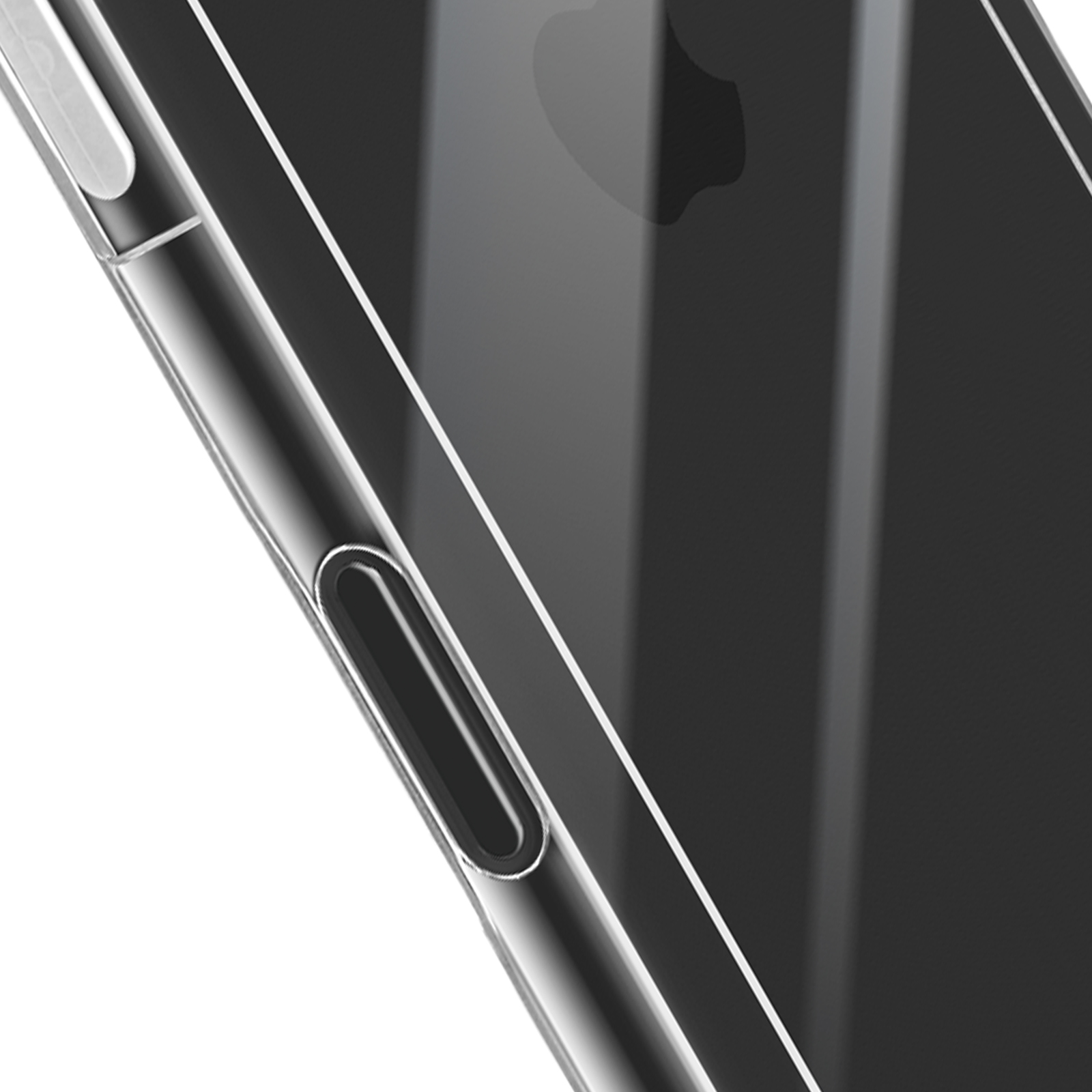Gros plan sur une coque de téléphone transparente. L'étui est principalement transparent avec des reflets noirs et blancs.