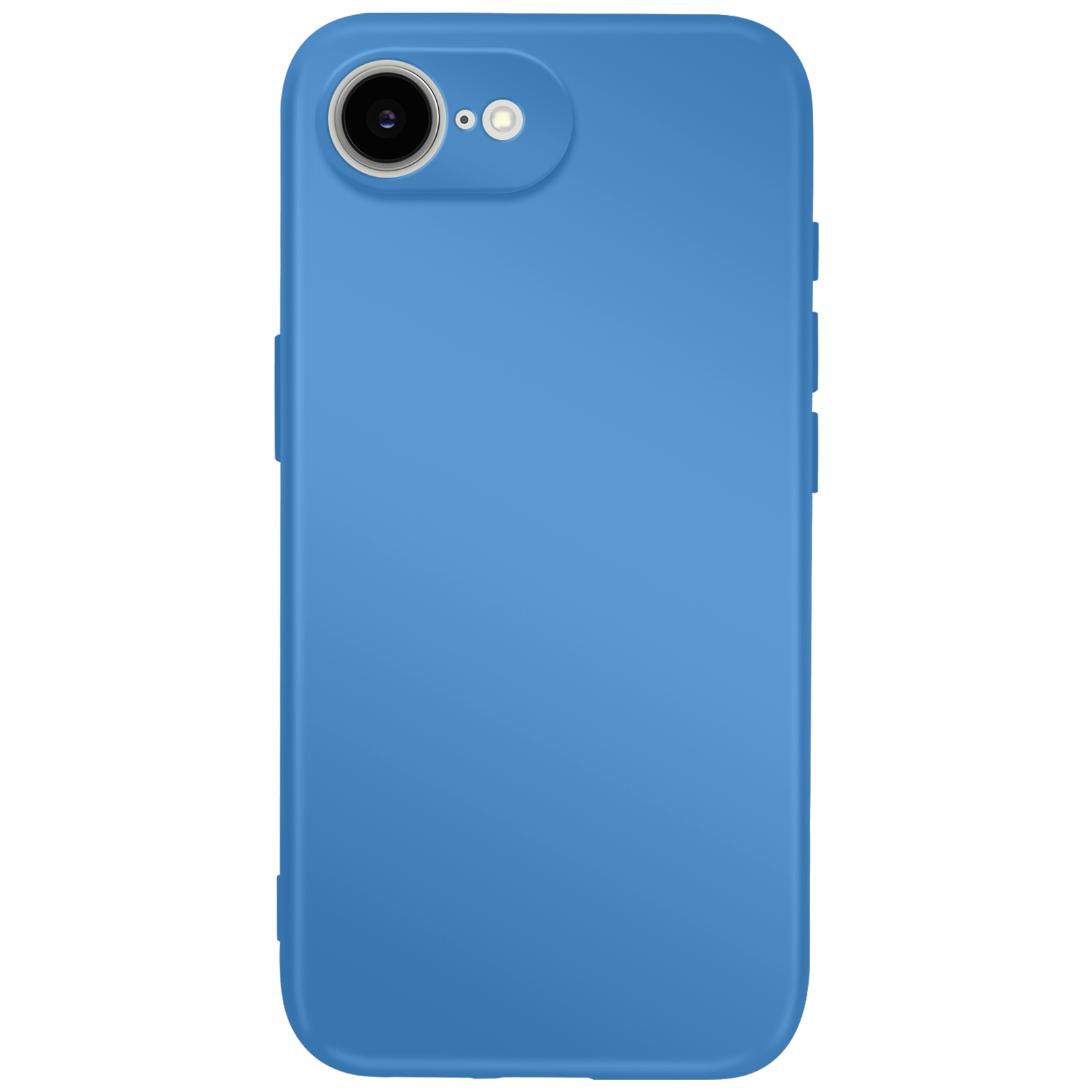 Un étui de téléphone bleu. Le dessus a un objectif d'appareil photo et un flash. L'étui est lisse, avec des coins arrondis et des boutons.