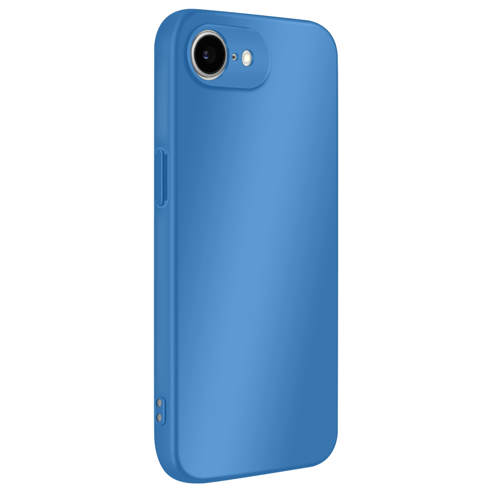 Une coque de téléphone bleue. Elle a une découpe pour l'appareil photo en haut et des boutons de volume sur le côté. Le fond est blanc.