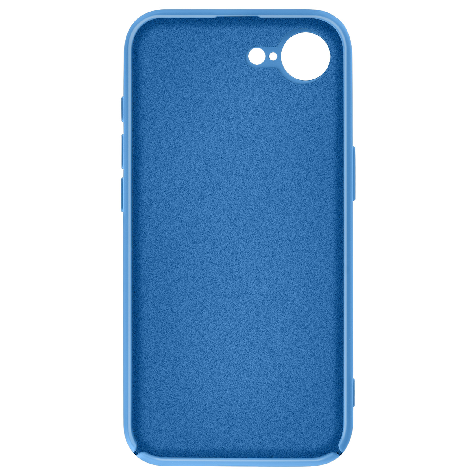 Une coque de téléphone bleue avec des découpes pour l'appareil photo et les boutons. Elle a une surface texturée et un bord lisse.