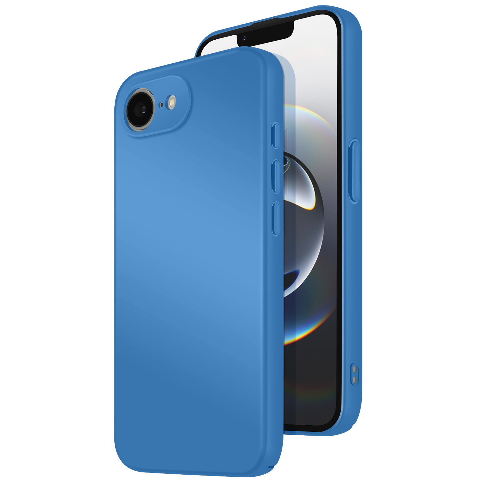Coque de téléphone bleue avec un smartphone à l'intérieur. L'étui et le téléphone sont bleus. La coque a des découpes.