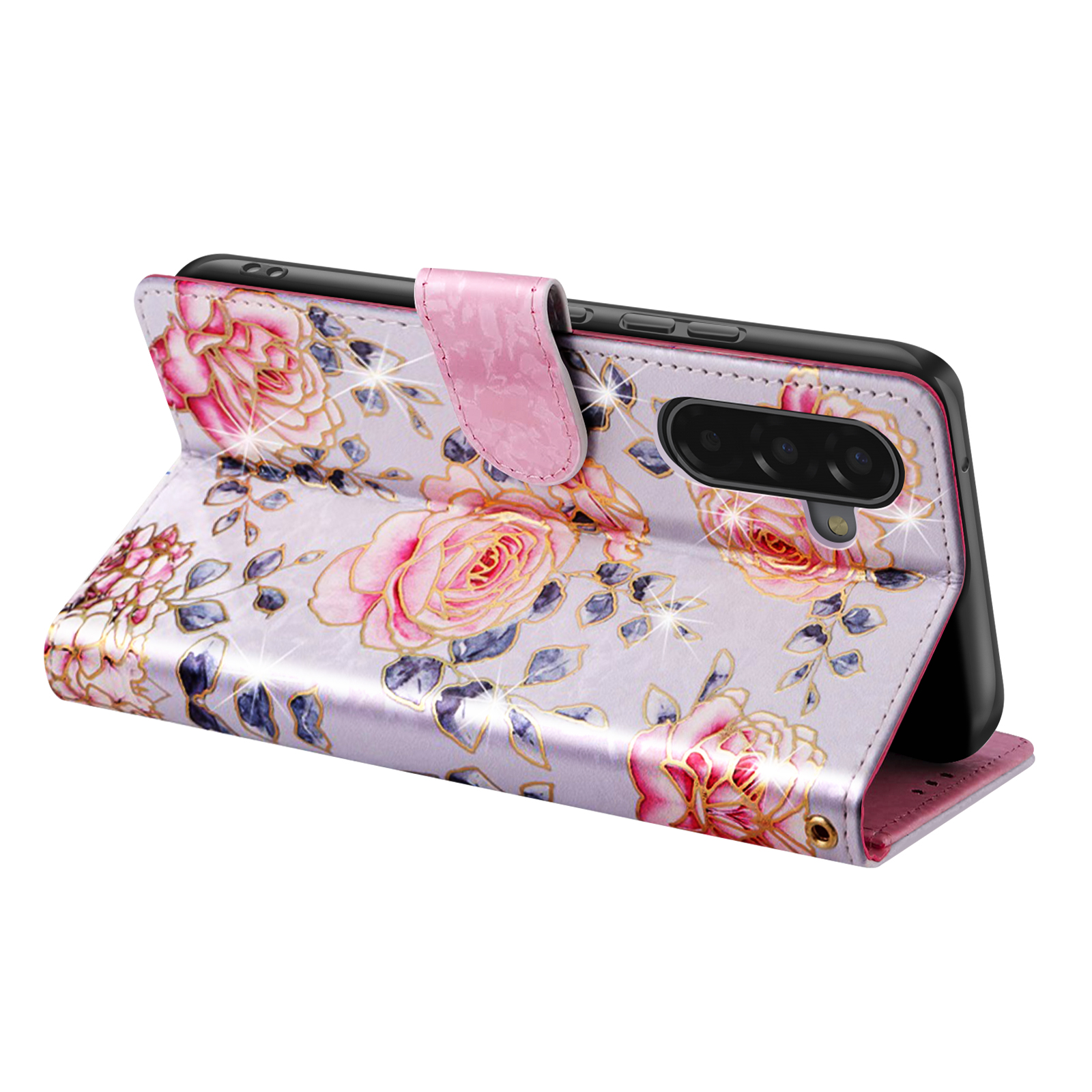 Eine Handyhülle mit Blumenmuster mit rosa Rosen und goldenen Akzenten. Die Hülle ist geöffnet und zeigt ein Telefon. Sie hat einen rosa Verschluss.