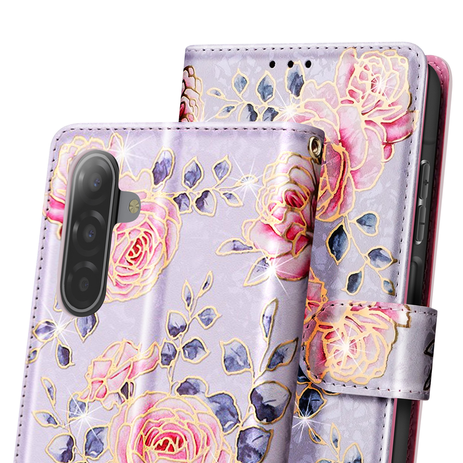 Nahaufnahme einer Handyhülle mit Blumendesign. Rosafarbene Rosen und goldene Umrisse auf lila Hintergrund. Telefonkamera sichtbar.