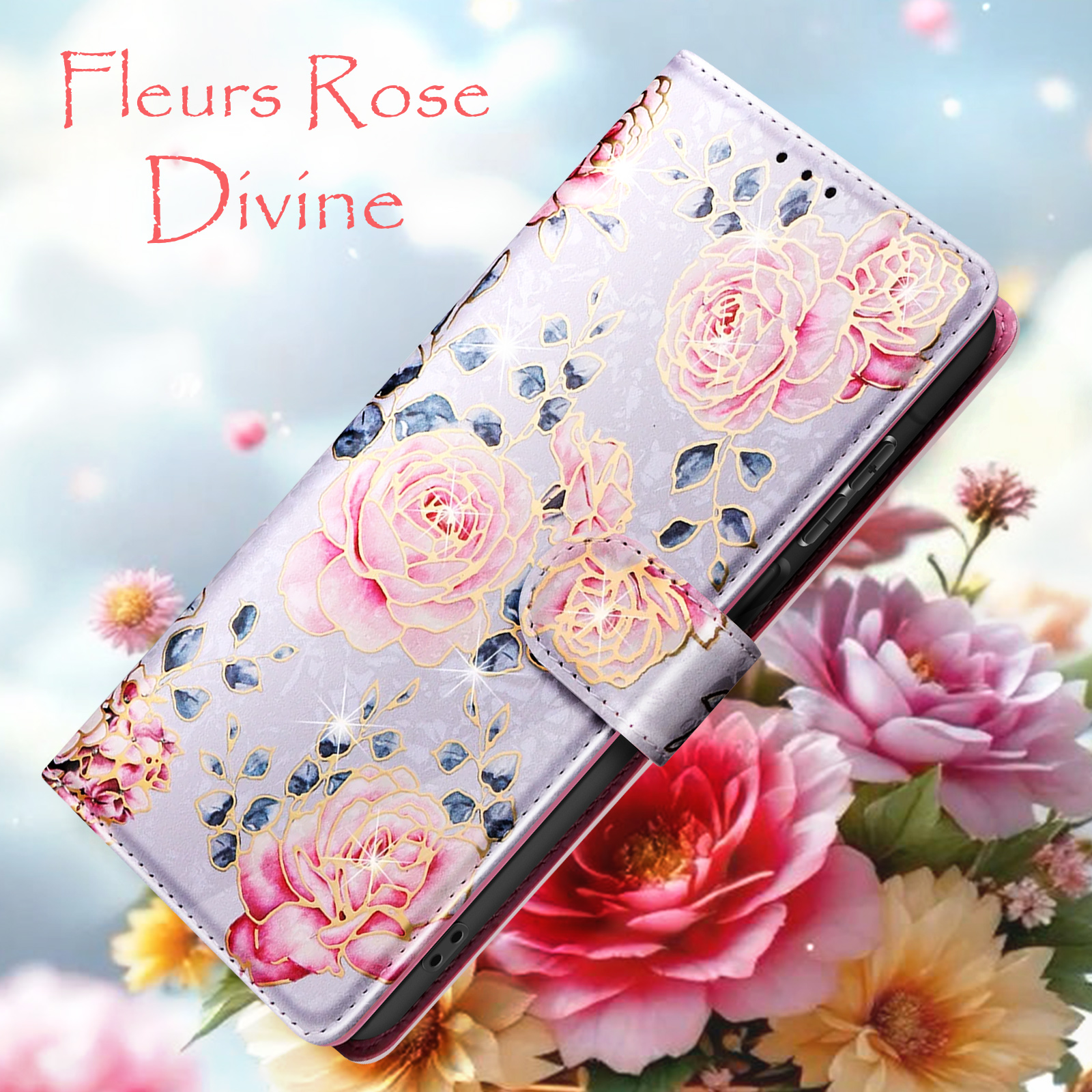 Handyhülle mit Blumendesign. Rosa Rosen und goldene Akzente auf grauem Grund. Die Worte Fleurs Rose Divine stehen oben.