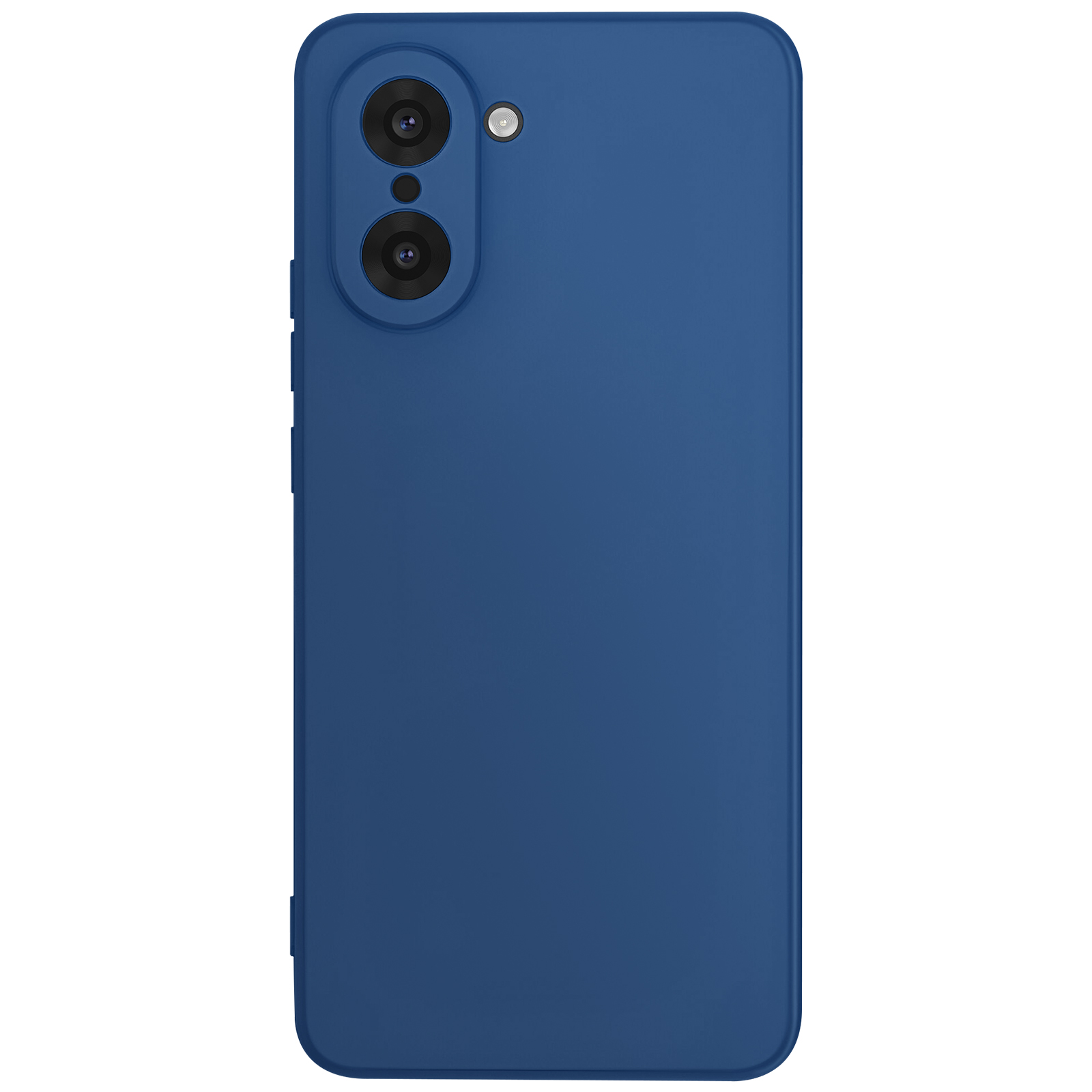 Een blauwe telefoonachterkant met twee cameralenzen en een flitser. De cover is effen en glad.