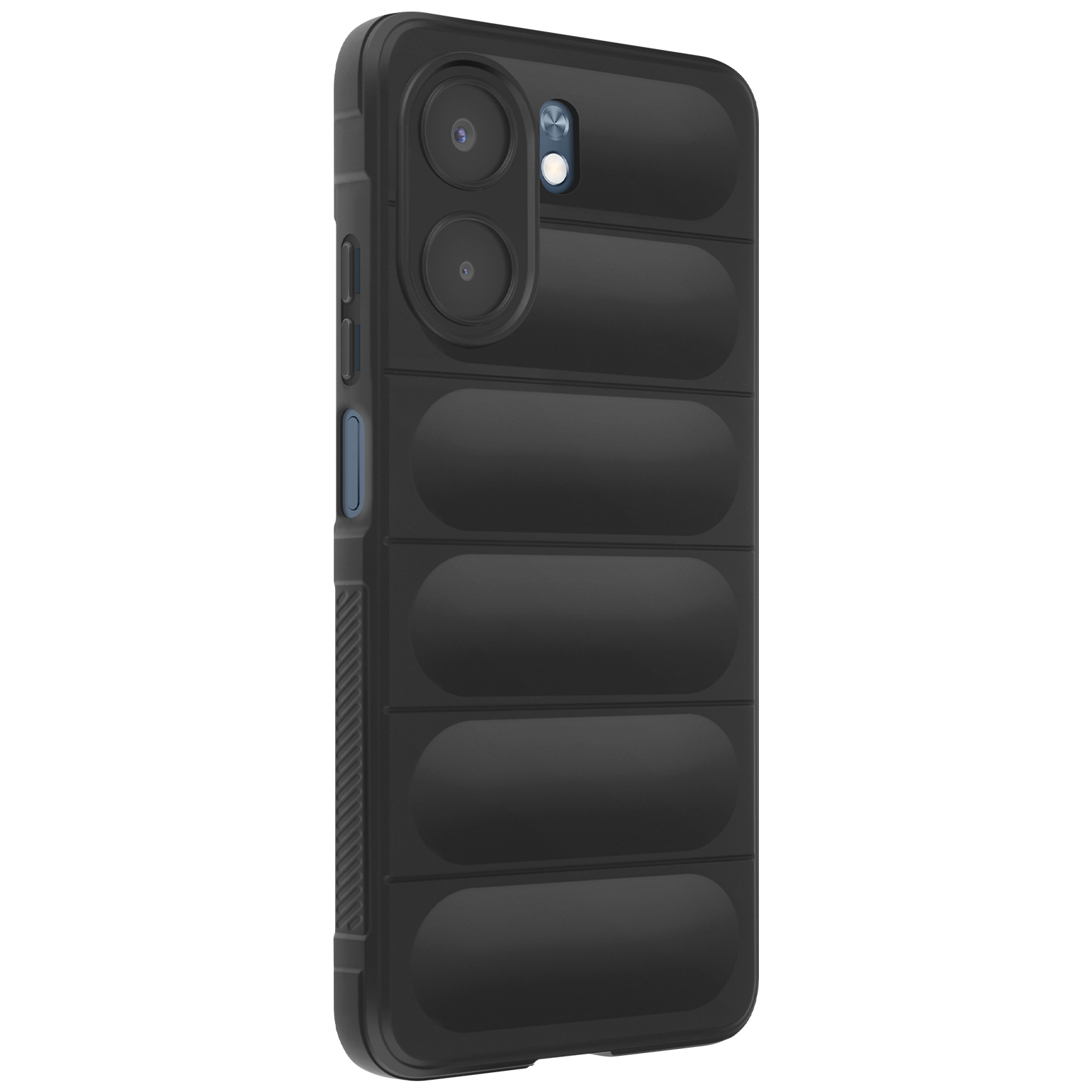 Custodia nera per telefono con design imbottito strutturato, fori per fotocamera e pulsanti laterali.