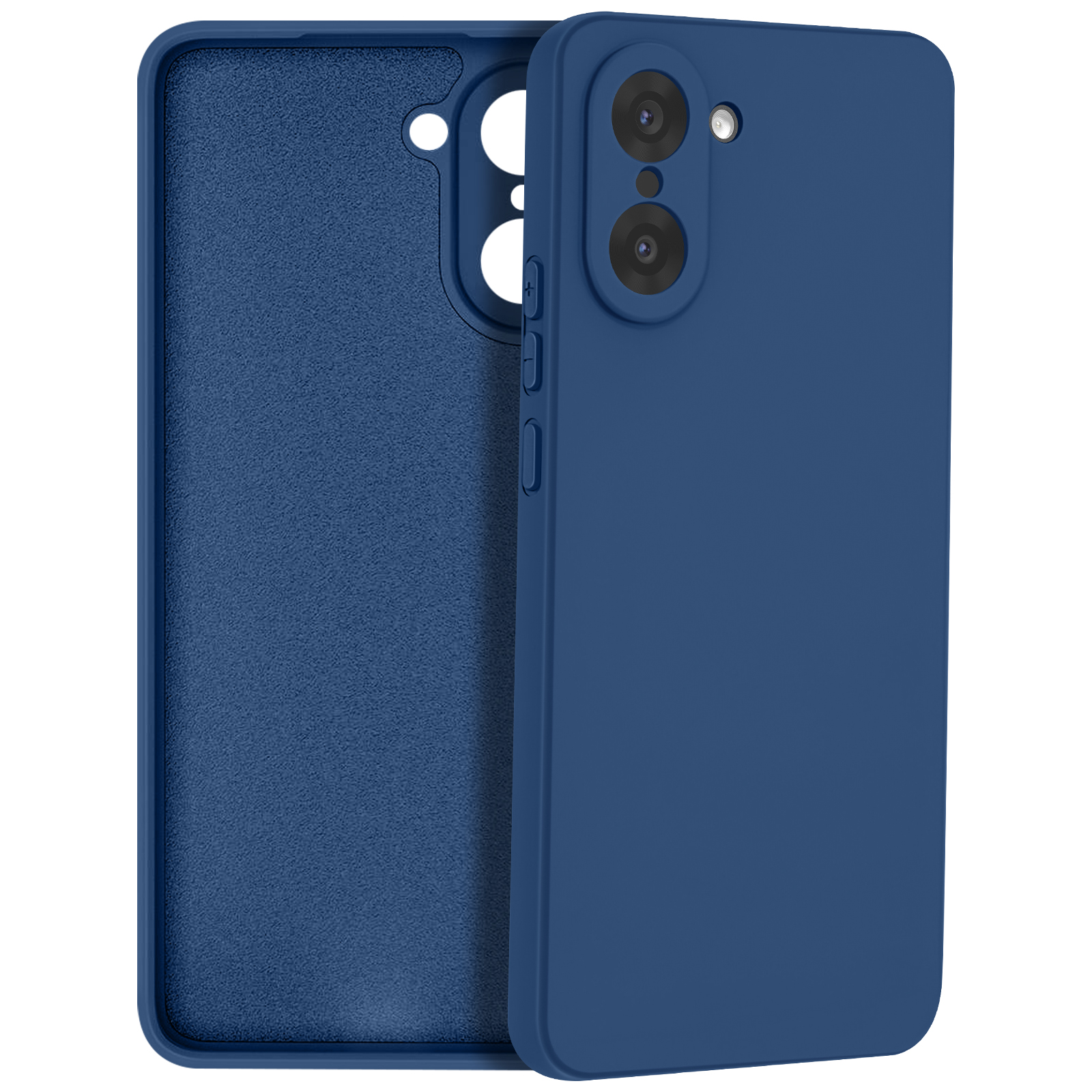 Een blauwe telefoonhoes met twee delen, één met cameralenzen en knoppen, de andere met een getextureerd interieur, tegen een witte achtergrond.
