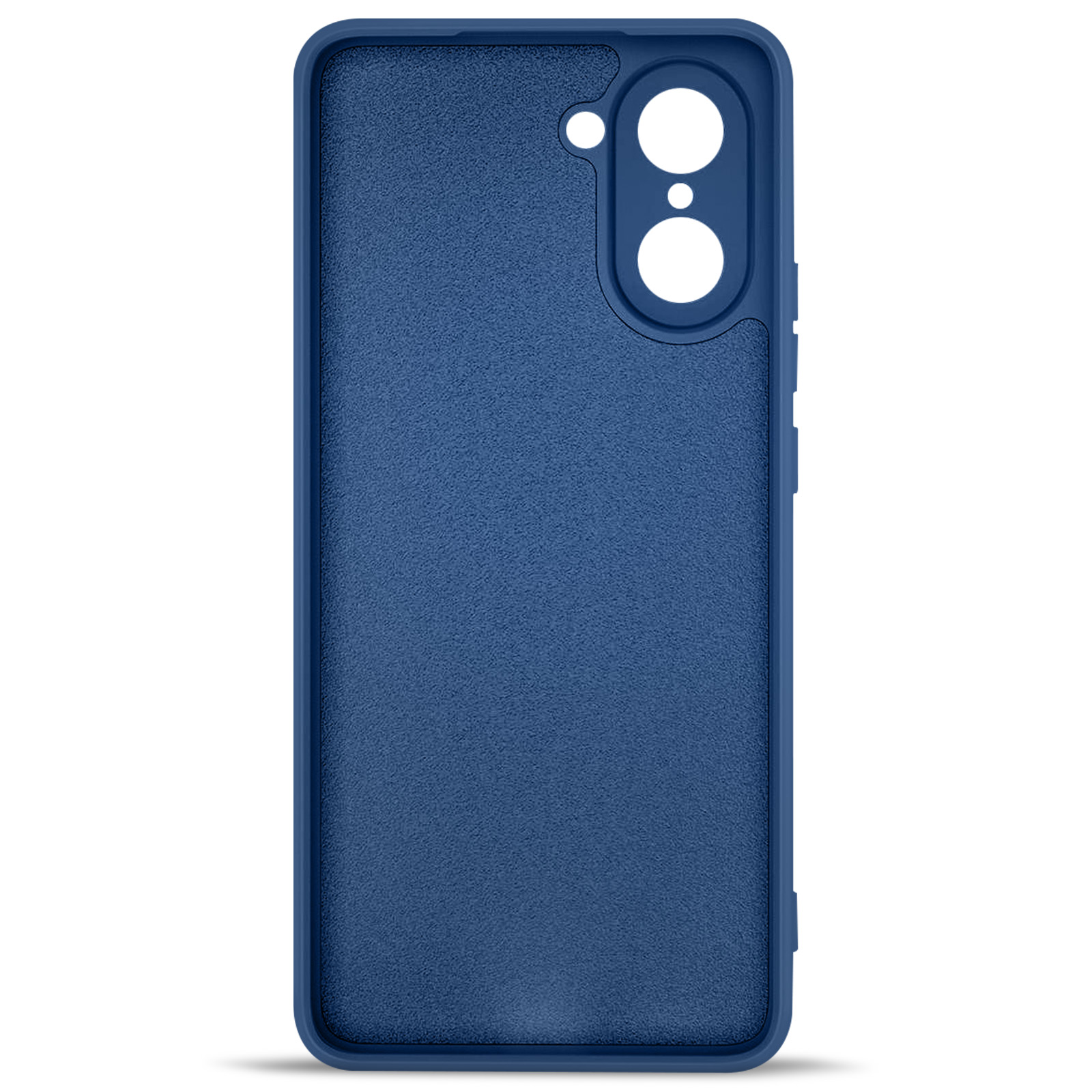 Blauwe telefoonhoes met camera-uitsparingen. Textuur en frame, op een witte achtergrond.