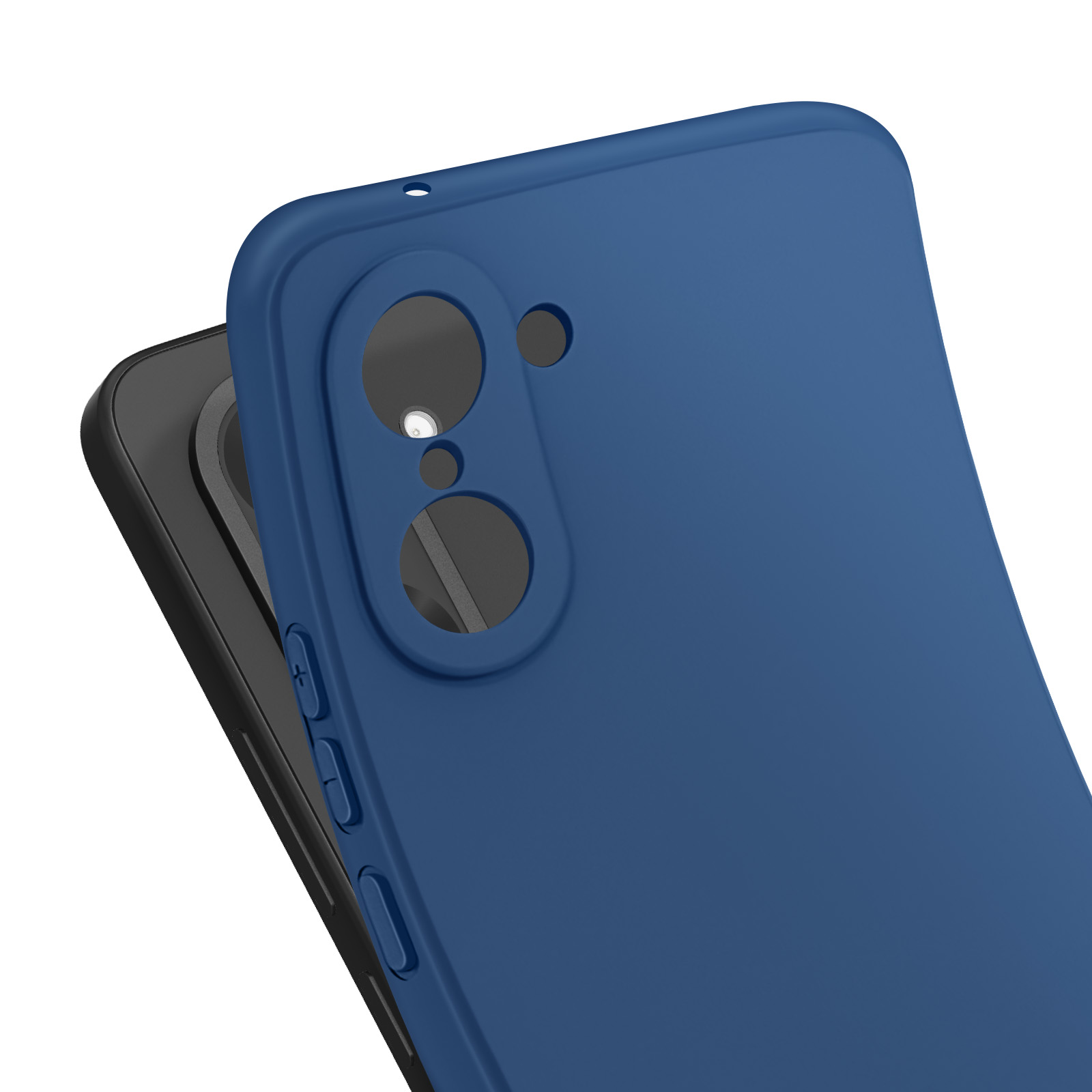 Een marineblauwe telefoonhoes ligt op een zwarte telefoon. De hoes heeft uitsparingen voor de camera en knoppen.