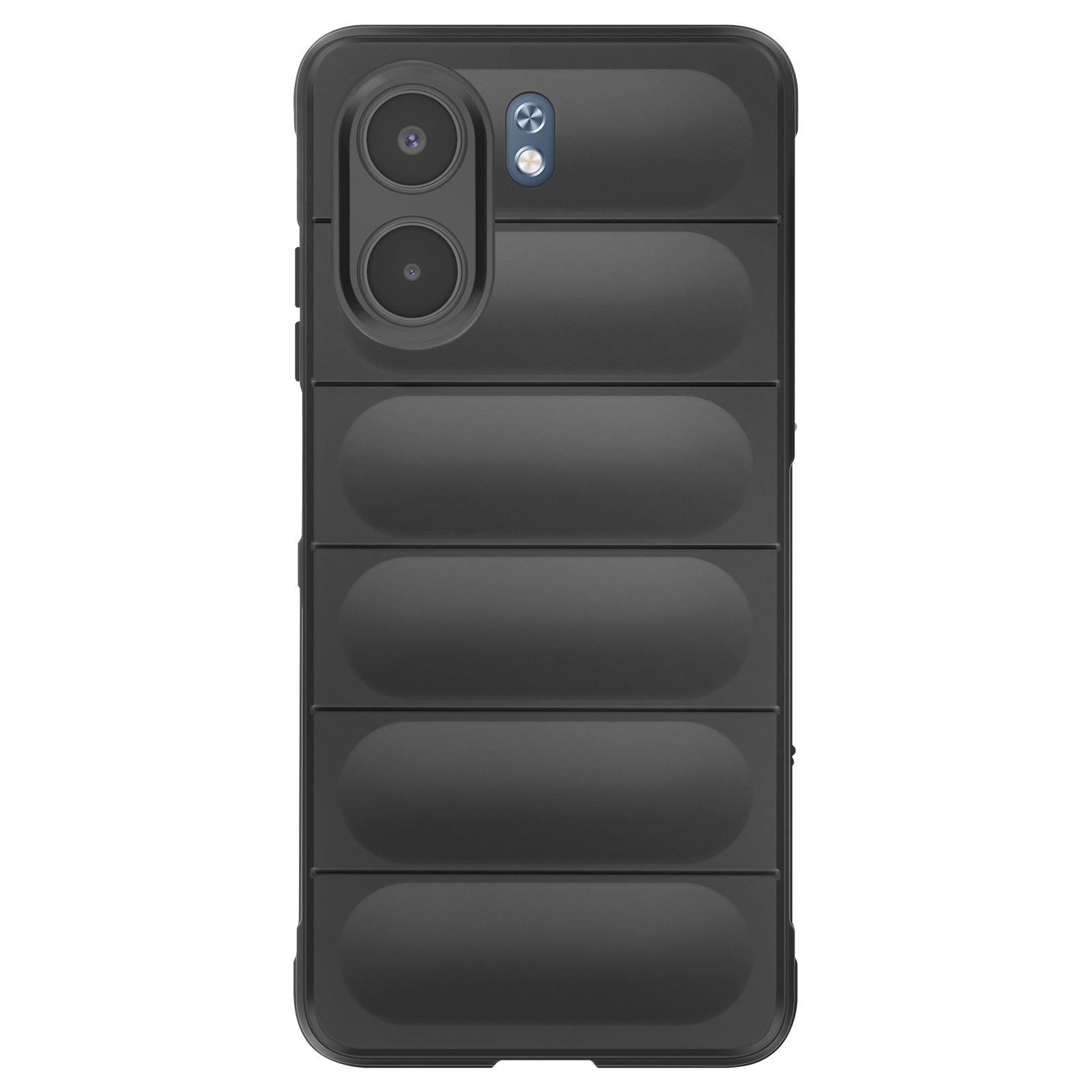Custodia per telefono nera con design trapuntato. Ha due lenti per fotocamera e un flash. La custodia ha un bordo arrotondato.