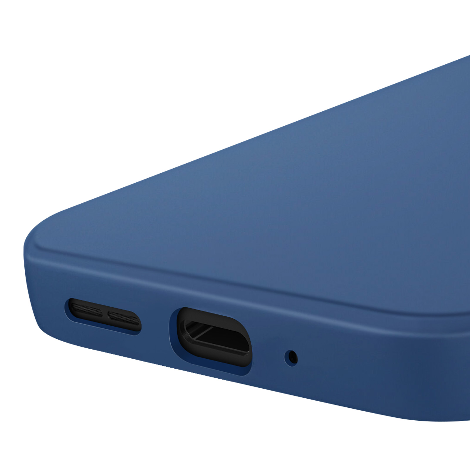 Close-up van een blauwe telefoonhoes met verschillende openingen. Witte achtergrond.
