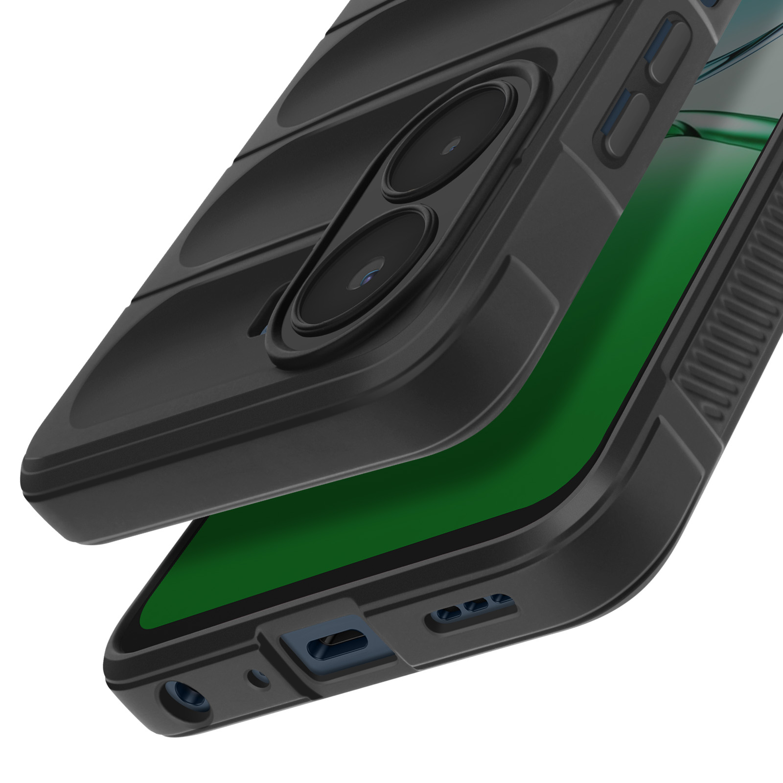 Una custodia nera con un ritaglio per doppia fotocamera è aperta, rivelando lo schermo verde del telefono. Sfondo bianco.