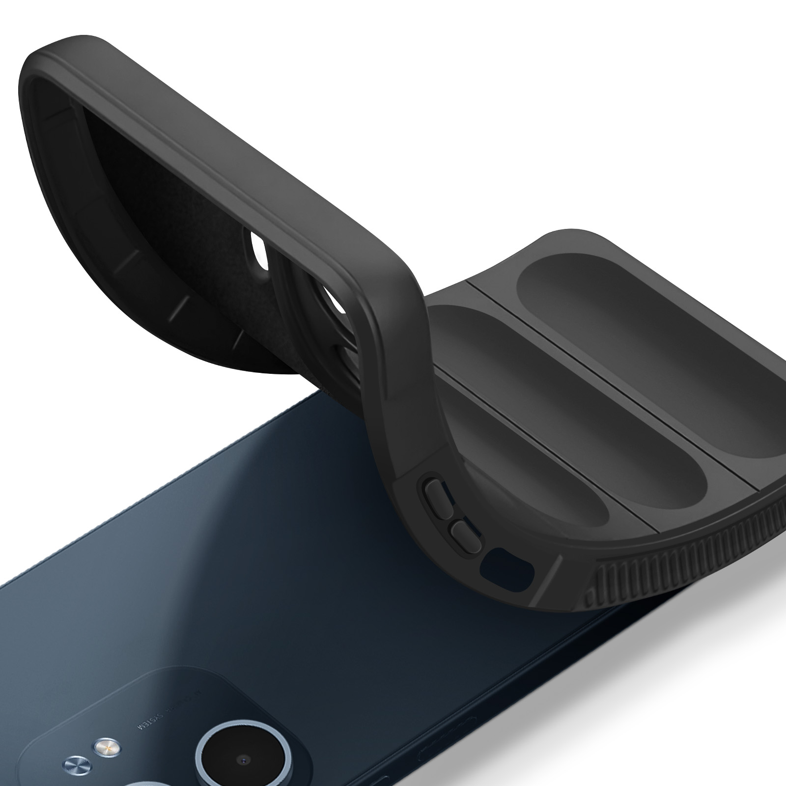 Una custodia nera per telefono viene posizionata su un telefono blu. La custodia è curva, rivelando la fotocamera.