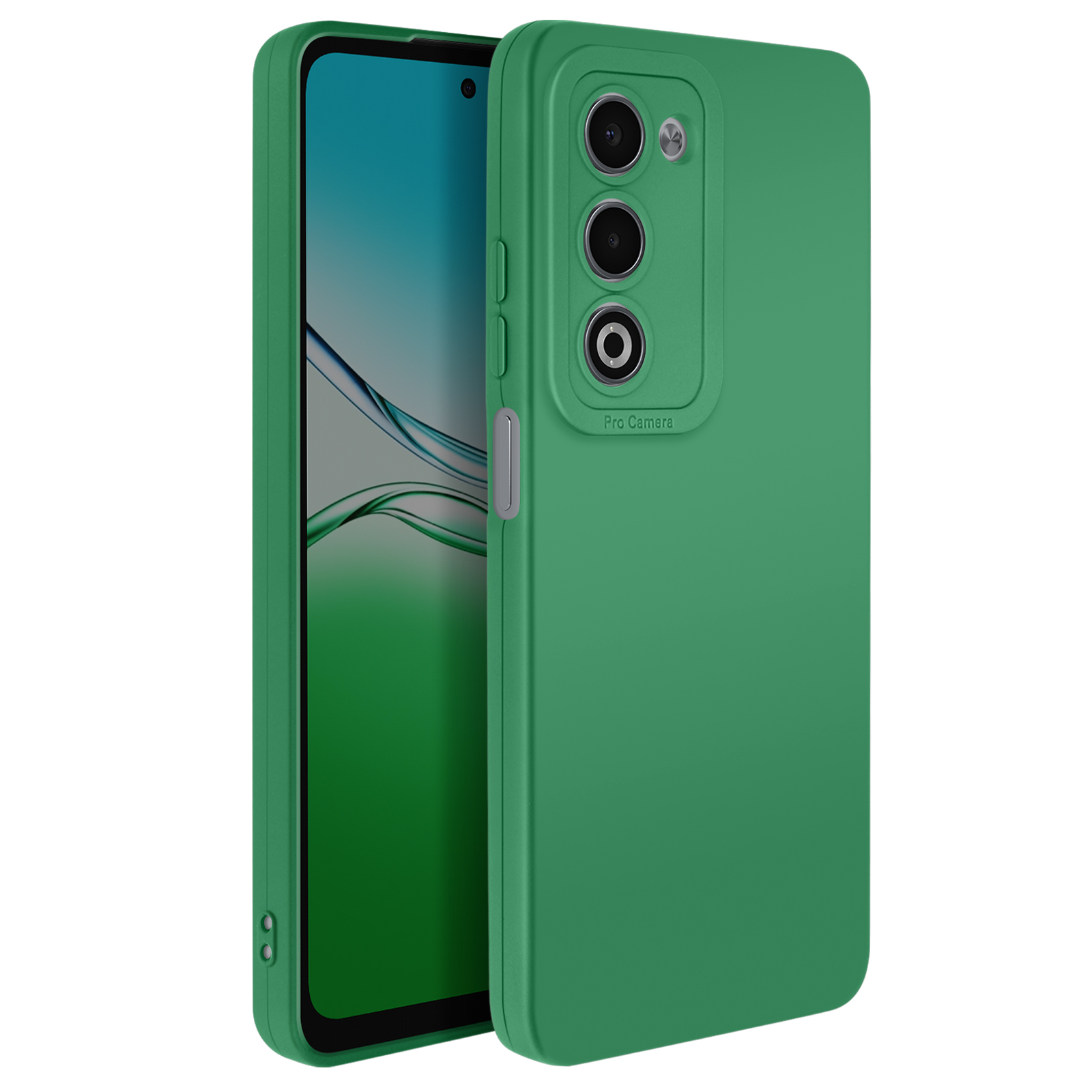 Custodia verde per telefono con telefono all'interno. Il telefono ha uno schermo verde e blu. Sul retro ci sono tre fotocamere.