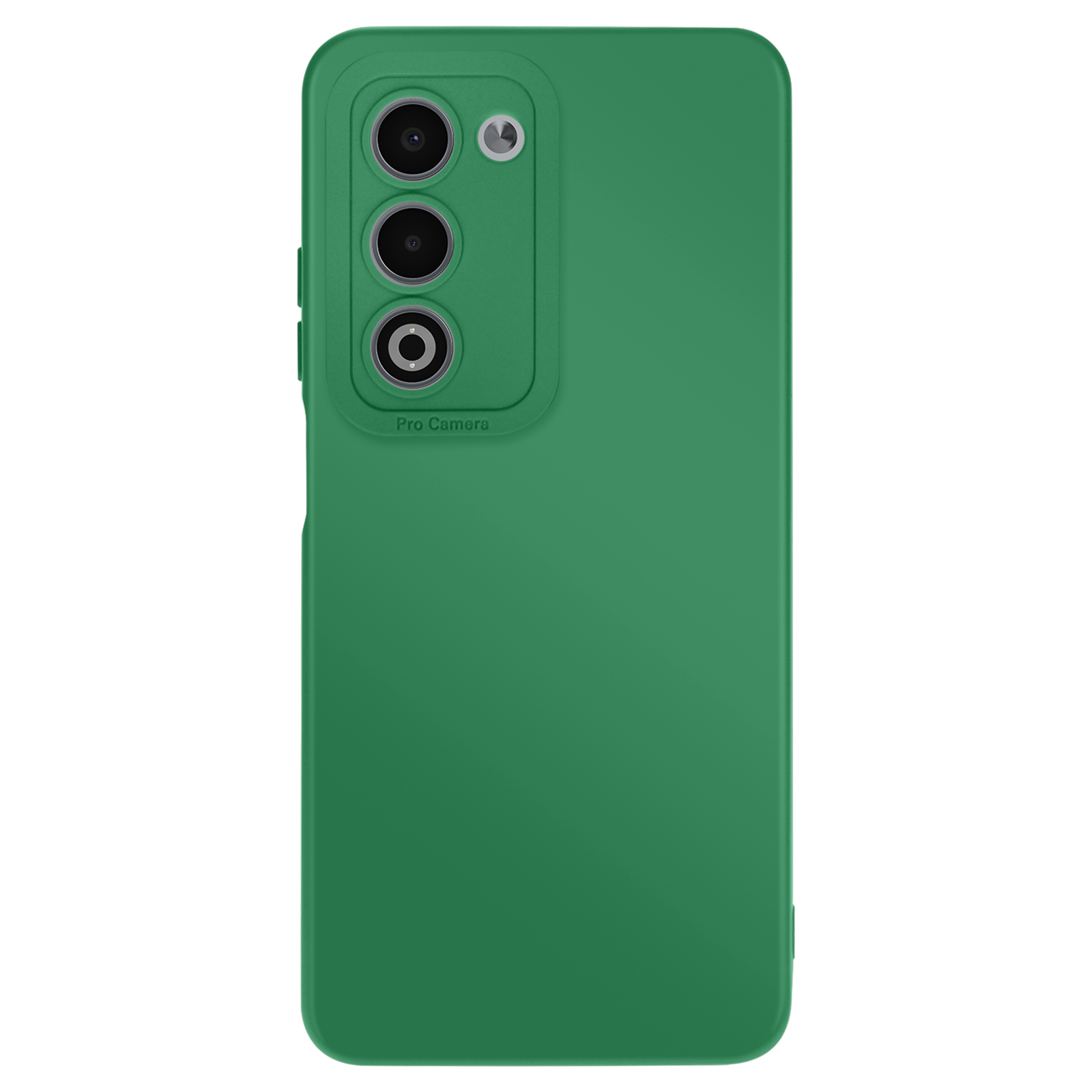 Custodia verde per telefono con modulo fotocamera. Sono visibili tre lenti e un flash. Lo sfondo è bianco.