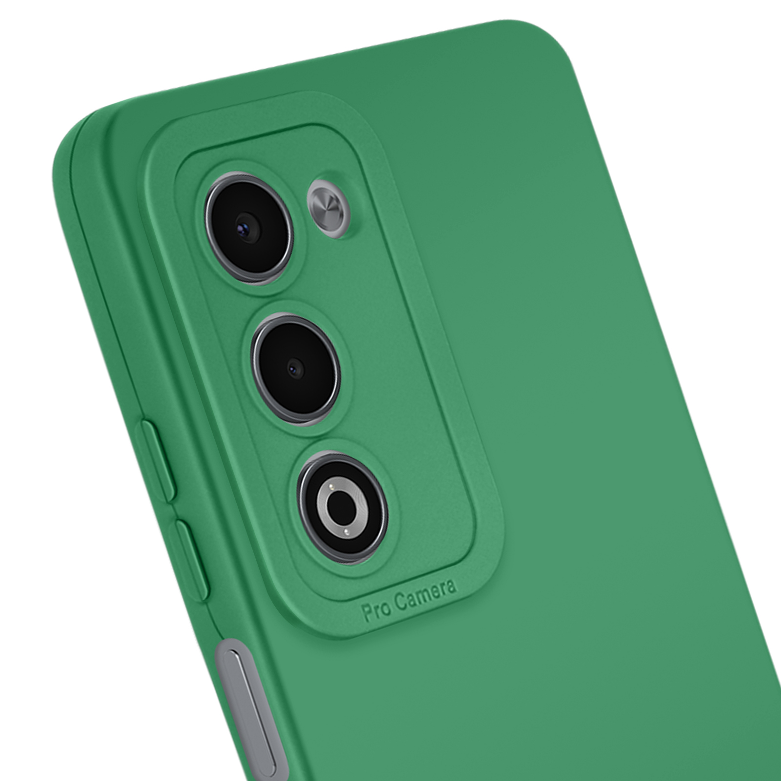 Primo piano di una custodia verde per telefono con tre obiettivi, un flash e l'etichetta 'Pro Camera'. Lo sfondo è bianco.