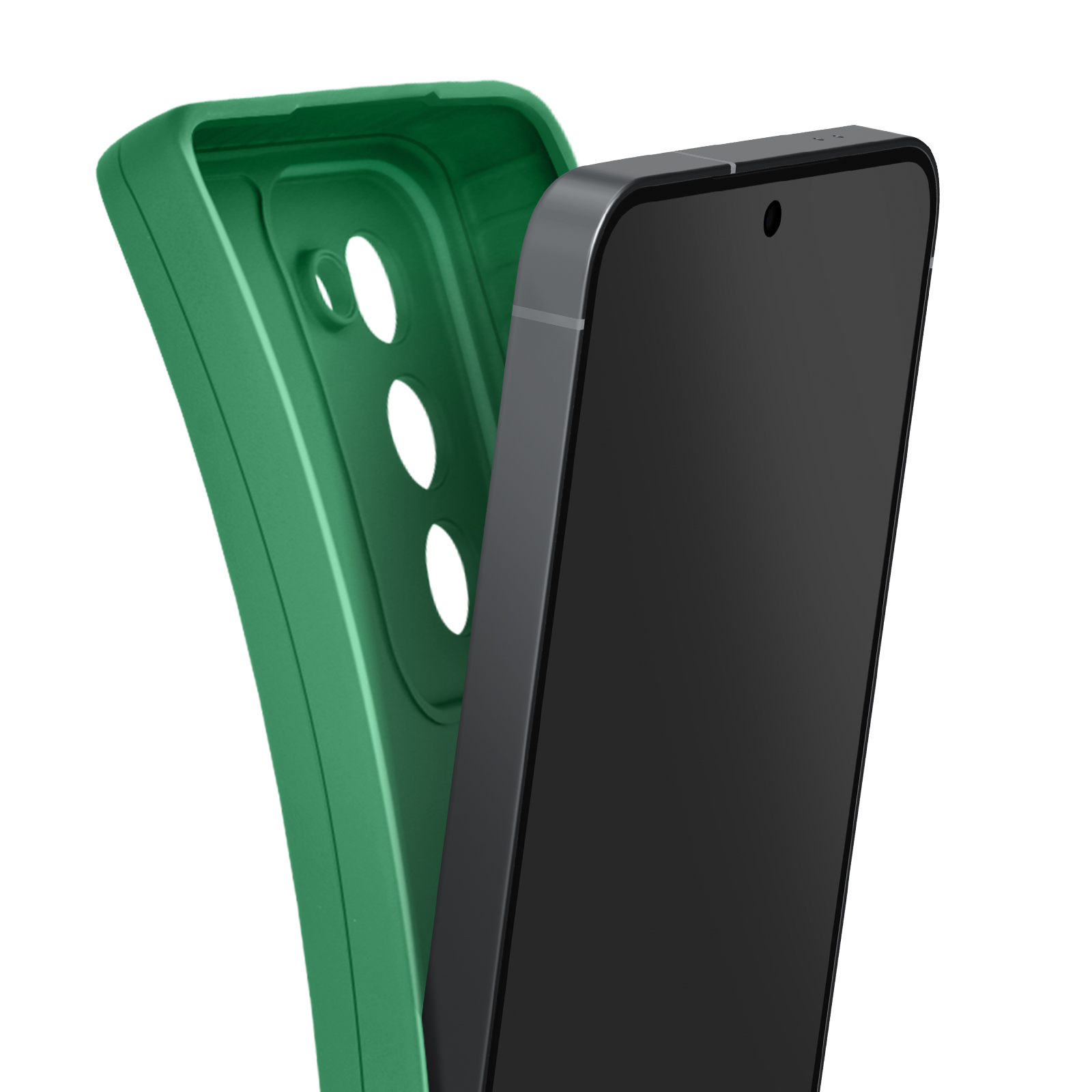 Uno smartphone è all'interno di una custodia verde. La custodia ha tre fori. Il telefono è nero.