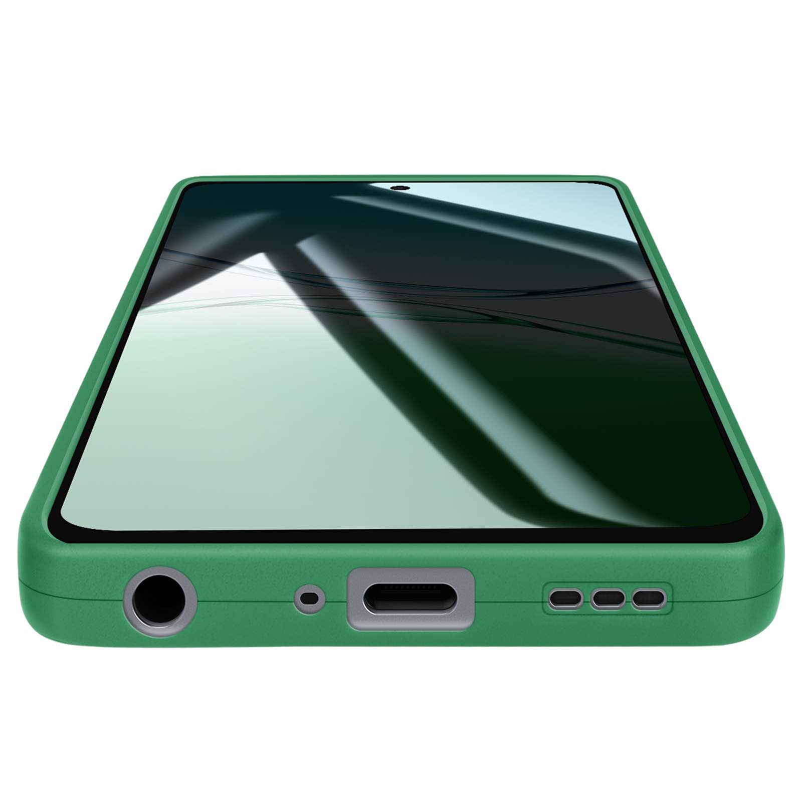 Una custodia verde per telefono con lo schermo che mostra un riflesso. La custodia ha un jack per cuffie, una porta di ricarica e fori per altoparlanti.