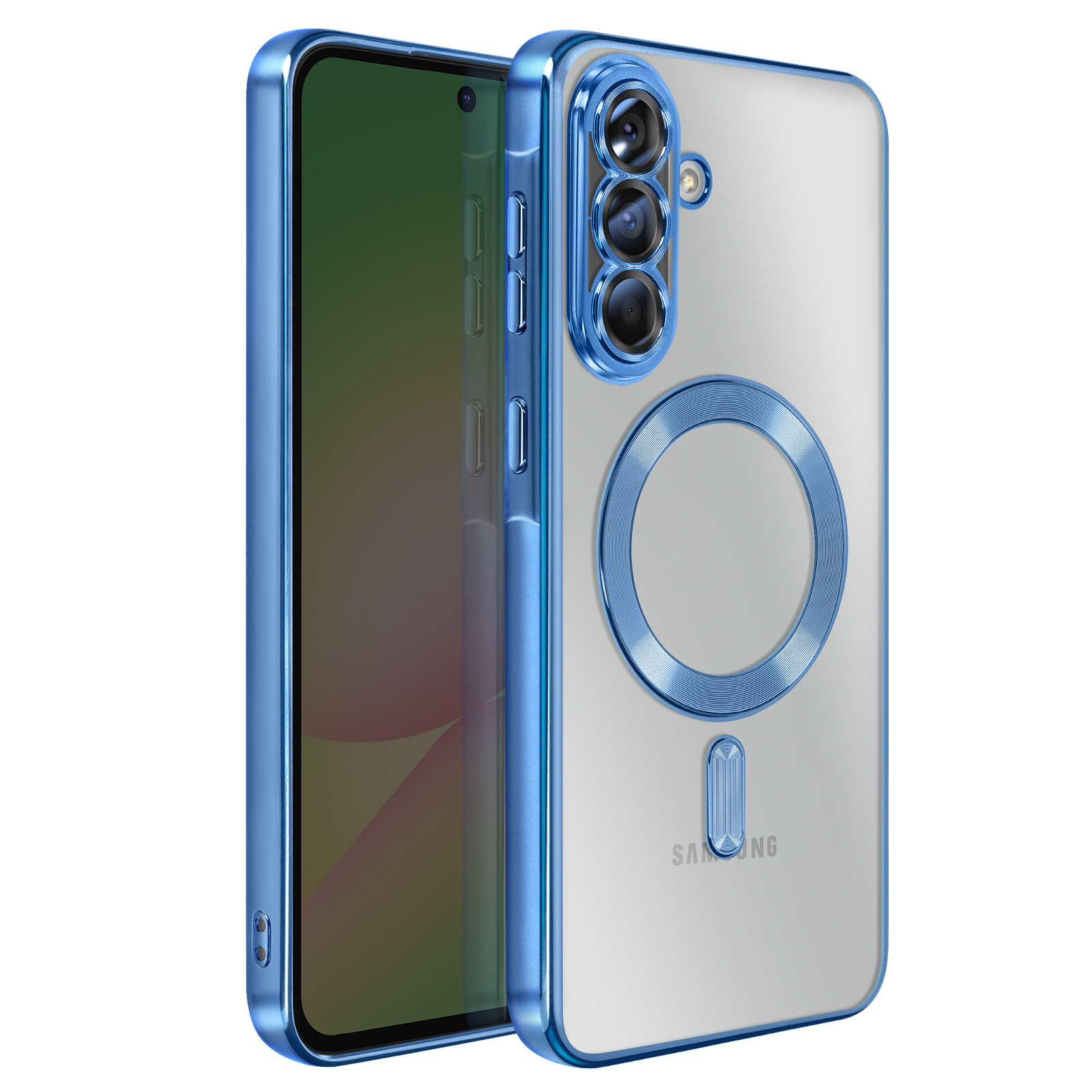 Une coque de téléphone transparente avec bordure bleue, mettant en valeur un téléphone Samsung. La coque comporte des découpes de caméra et un anneau magnétique.
