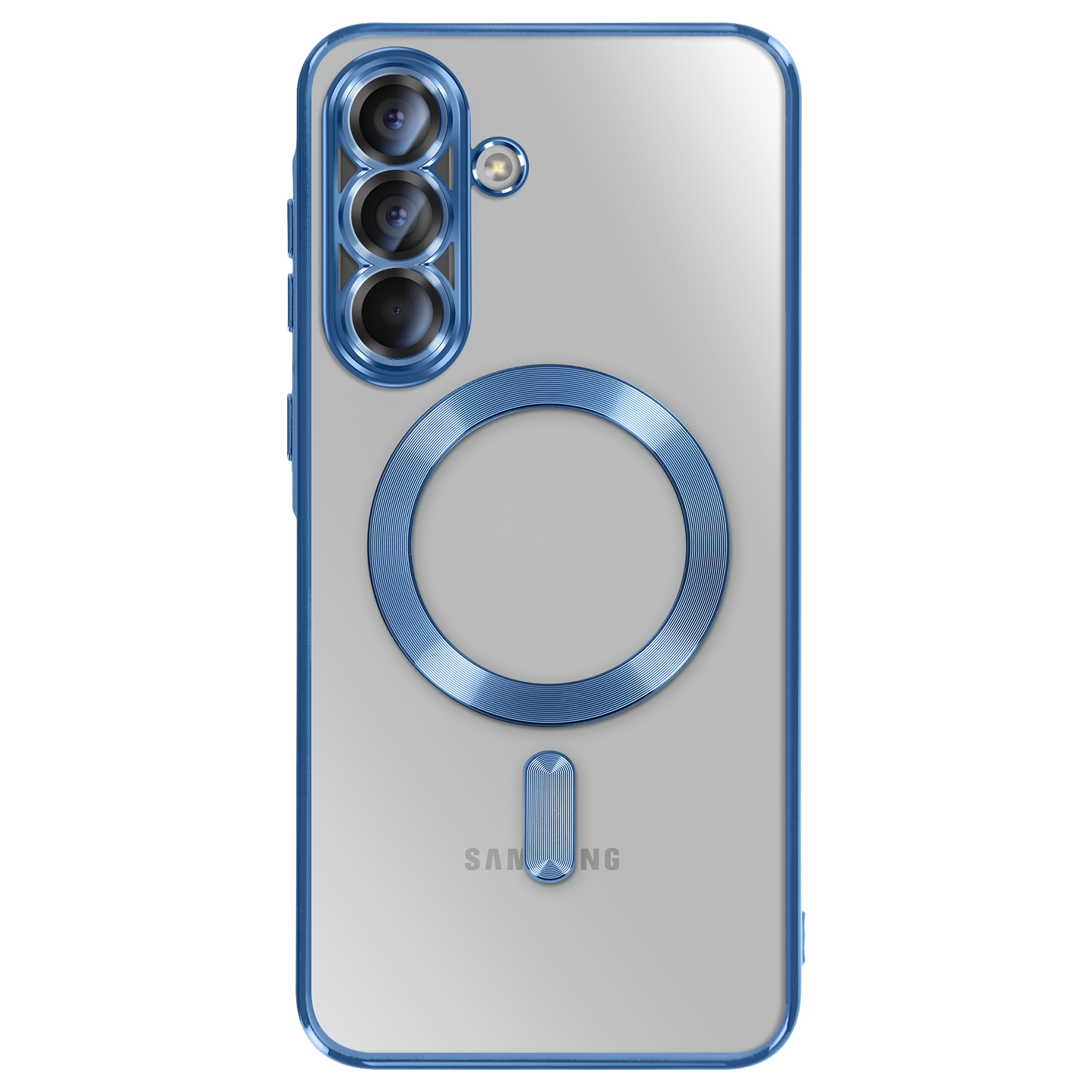 Coque de téléphone transparente avec cadre et accents bleus. Anneau et design de caméra bleus. Logo Samsung visible.