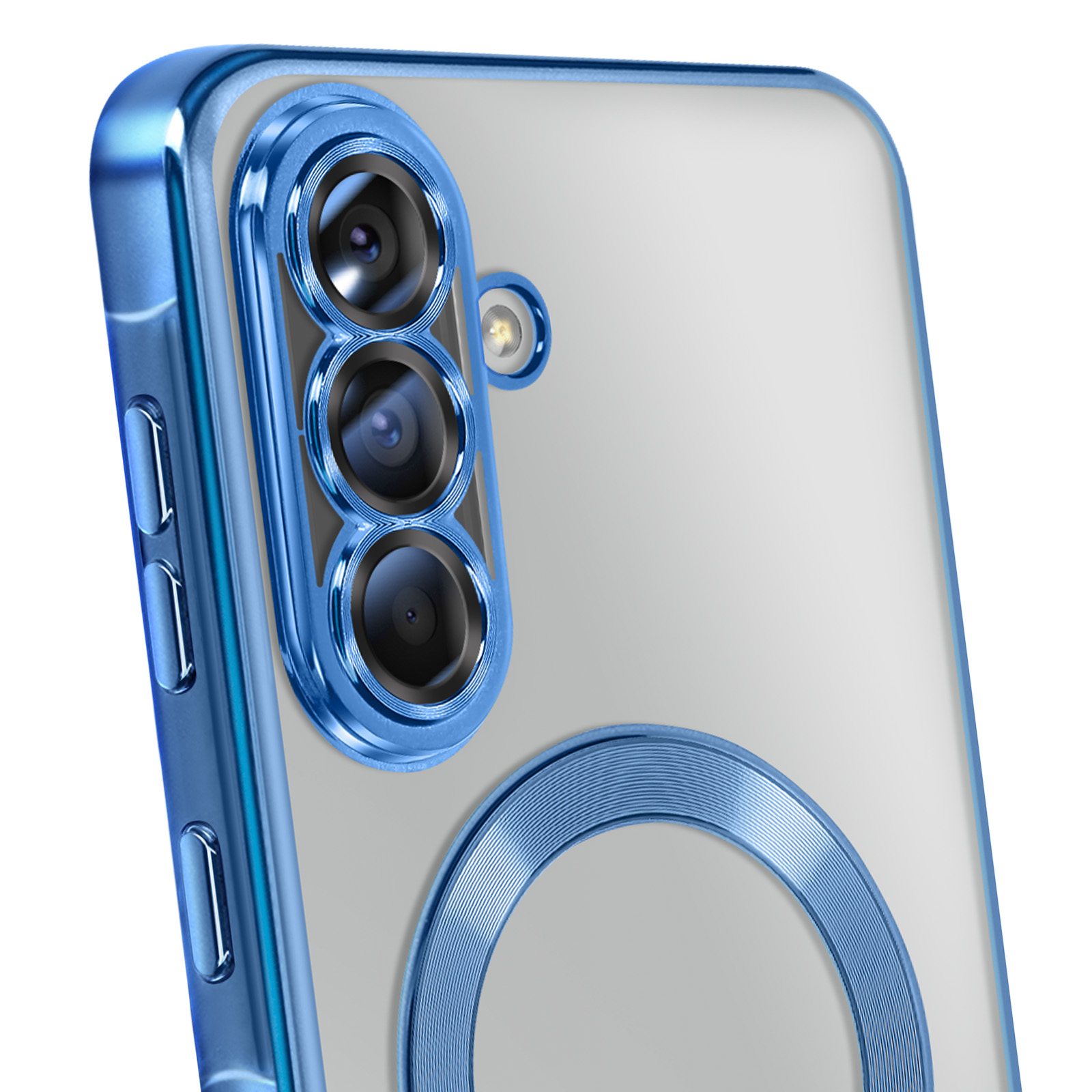 Gros plan sur une coque de téléphone avec des accents bleus. Elle comprend un ensemble de caméras et un anneau magnétique, fond blanc.