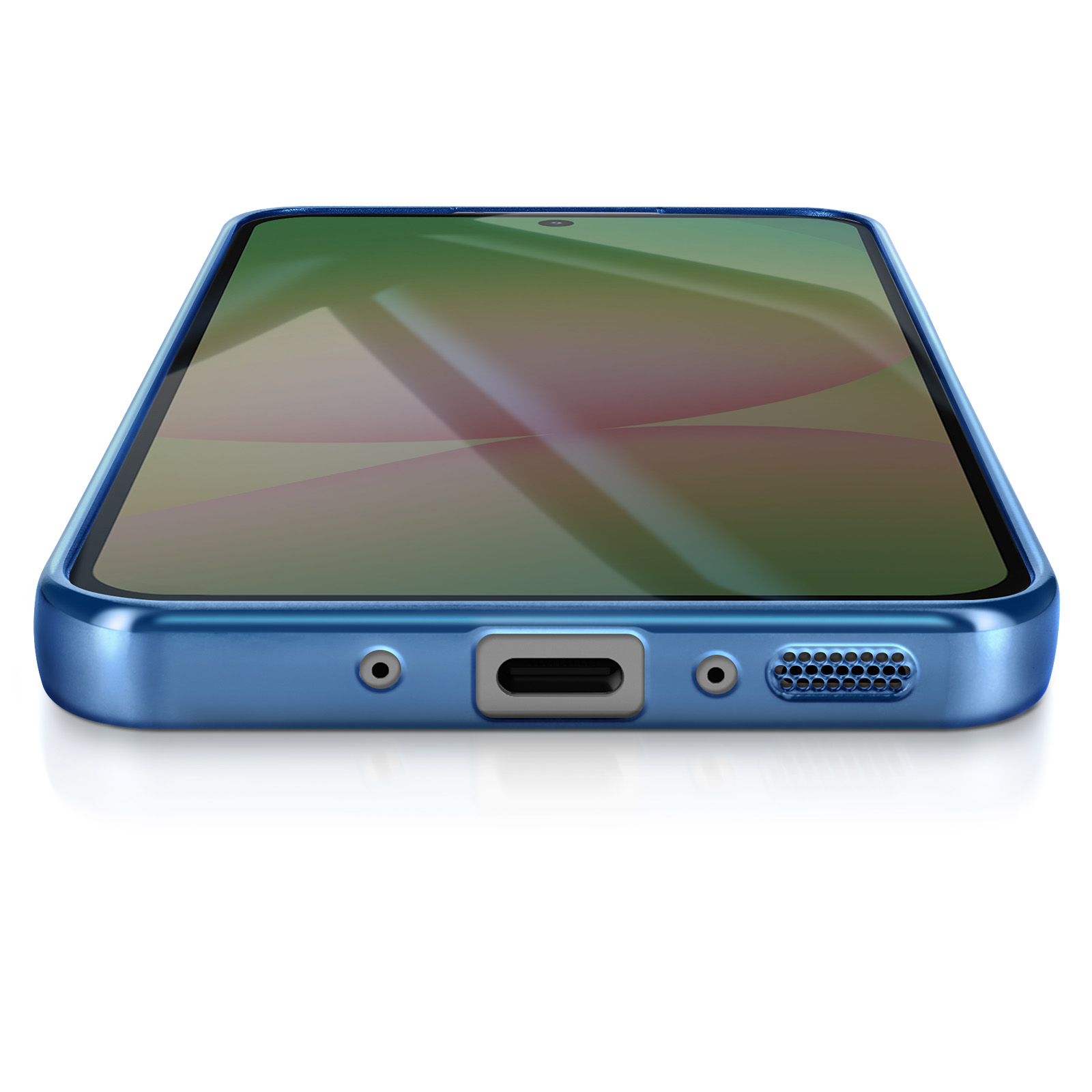Un smartphone bleu, légèrement incliné, sur fond blanc. L'écran affiche des couleurs atténuées. Bord inférieur détaillé visible.