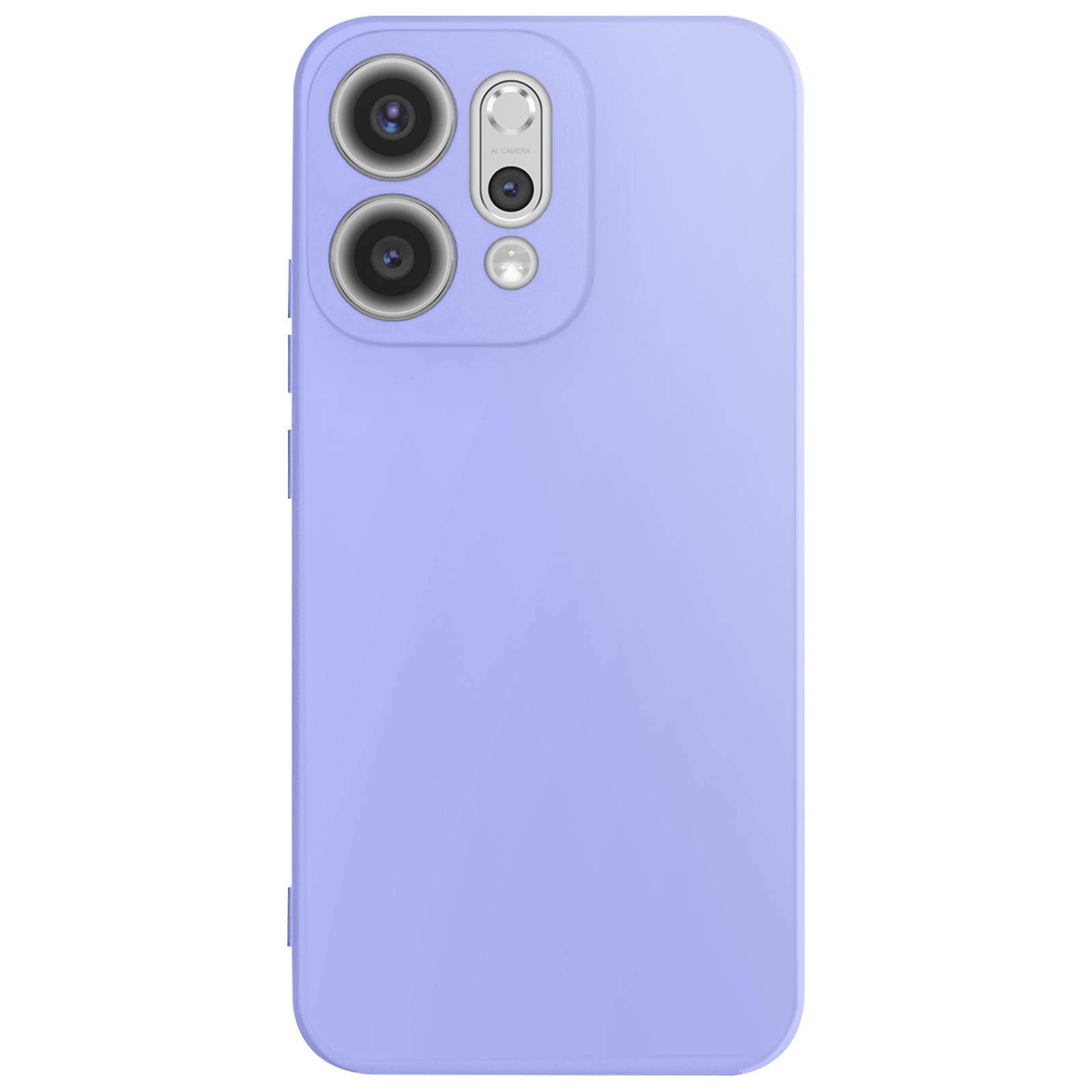 Una custodia per telefono lavanda con modulo fotocamera. La custodia ha tre lenti, un flash e i pulsanti del volume.