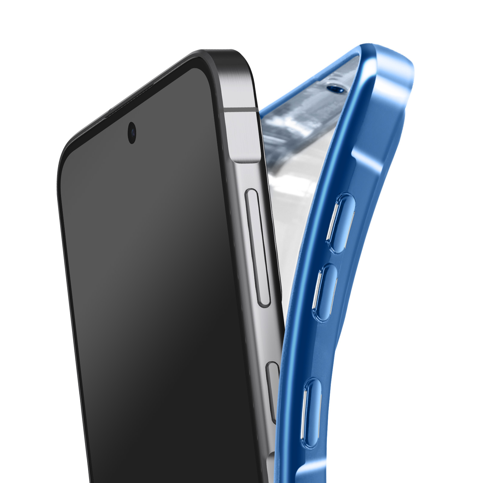 Gros plan de deux smartphones, un noir, l'autre bleu. Ils sont partiellement ouverts, montrant boutons latéraux et écrans, sur fond blanc.