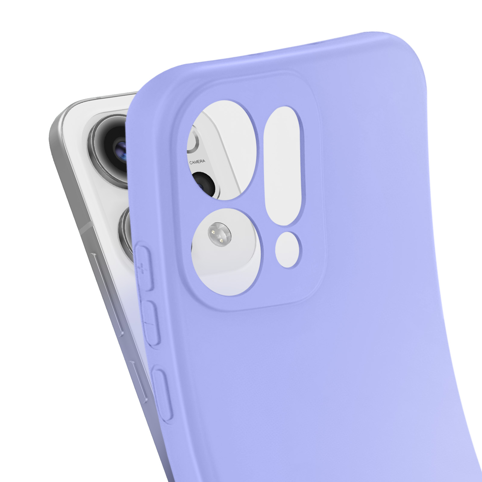 Un telefono con una custodia viola. La fotocamera è visibile. La custodia ha ritagli per fotocamera e pulsanti.