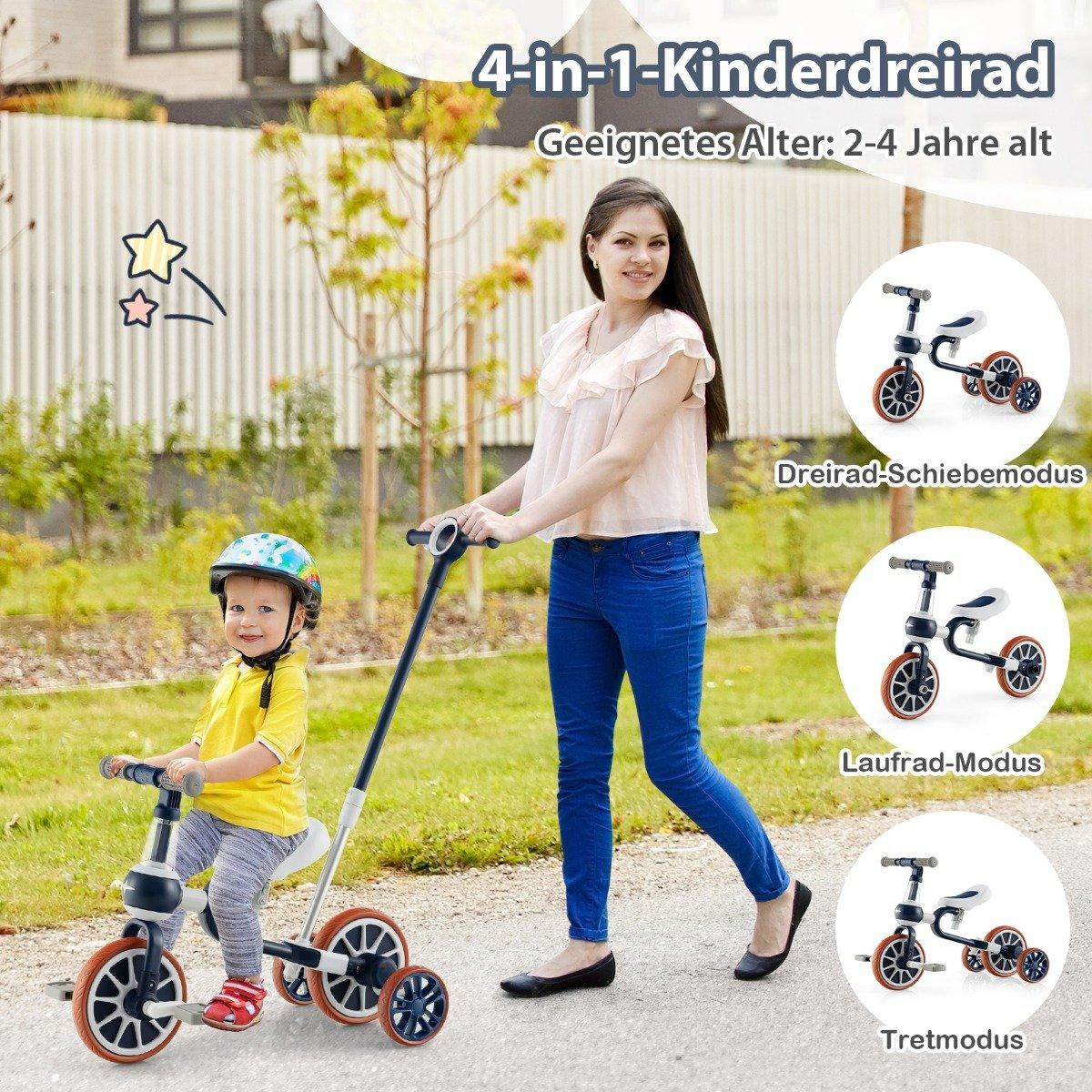 Una mujer empuja un triciclo con un niño montado. El triciclo es blanco y naranja. El texto dice '4-in-1-Kinderdreirad'.