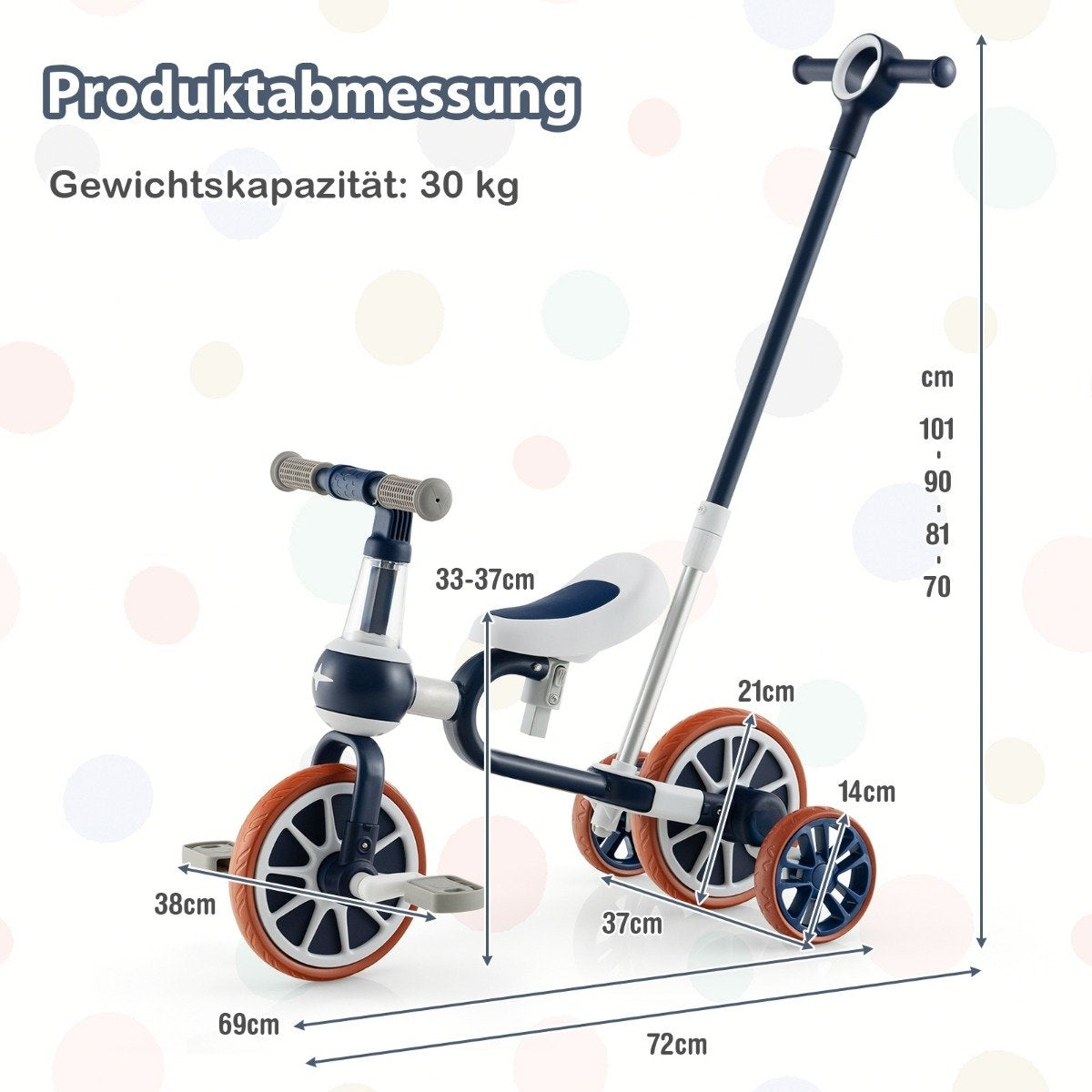 Triciclo azul y naranja con dimensiones. Las etiquetas muestran medidas en cm y detalles del producto.