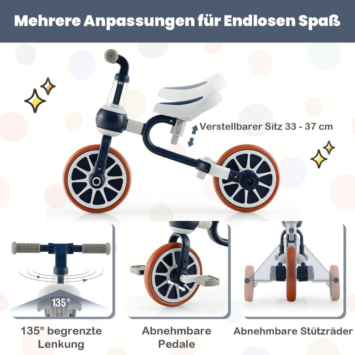 Un triciclo azul, blanco y naranja con asiento ajustable, pedales extraíbles y ruedas de apoyo. El texto indica las características.