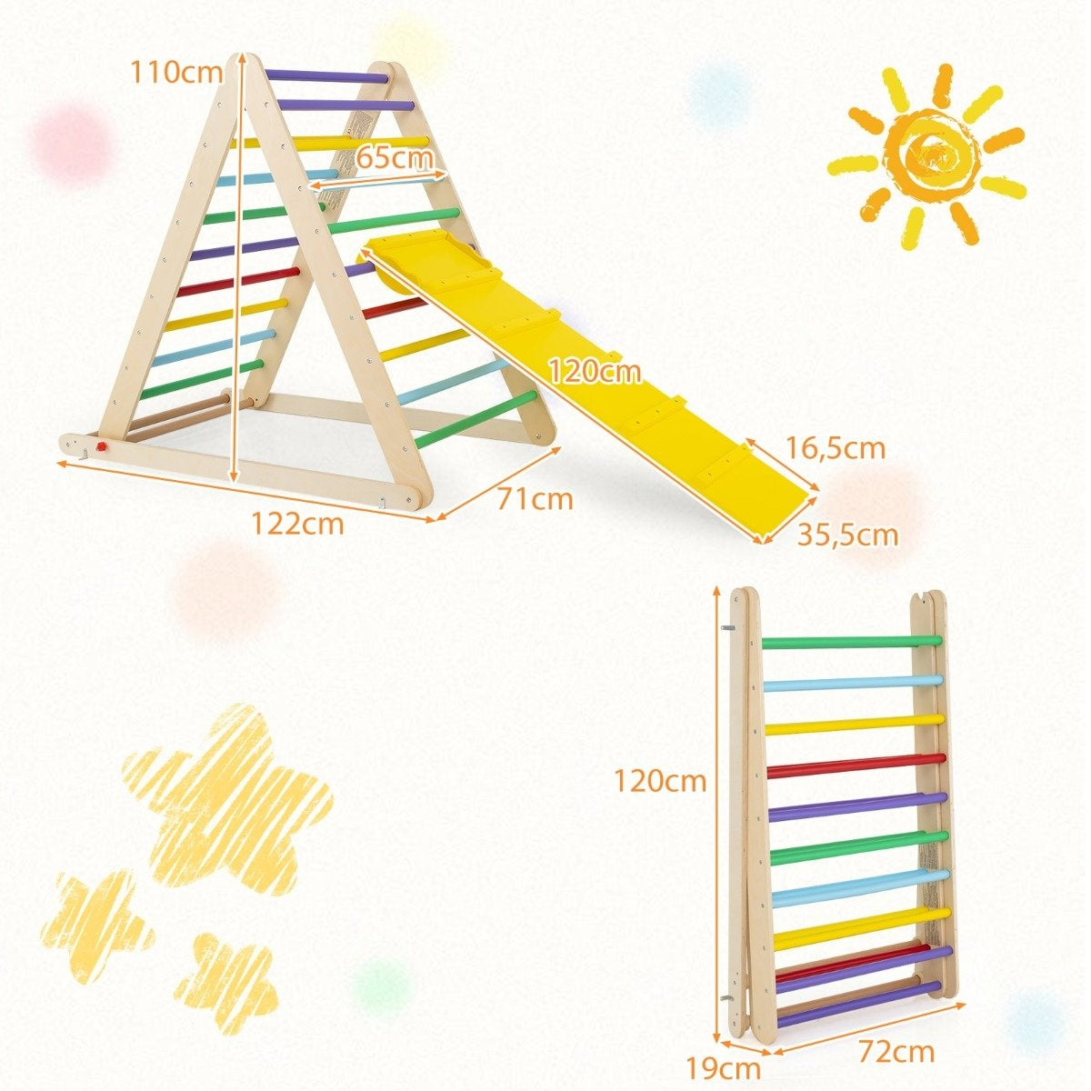 Un parque infantil de madera con tobogán y escalera de escalada separada. El marco es triangular, con peldaños coloridos.