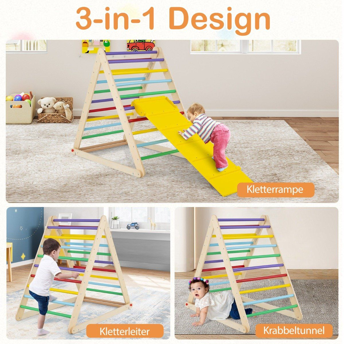 Un niño sube por una rampa amarilla sujeta a una estructura de escalada de madera. Otros niños juegan en la estructura. El texto dice '3-en-1 Diseño'.