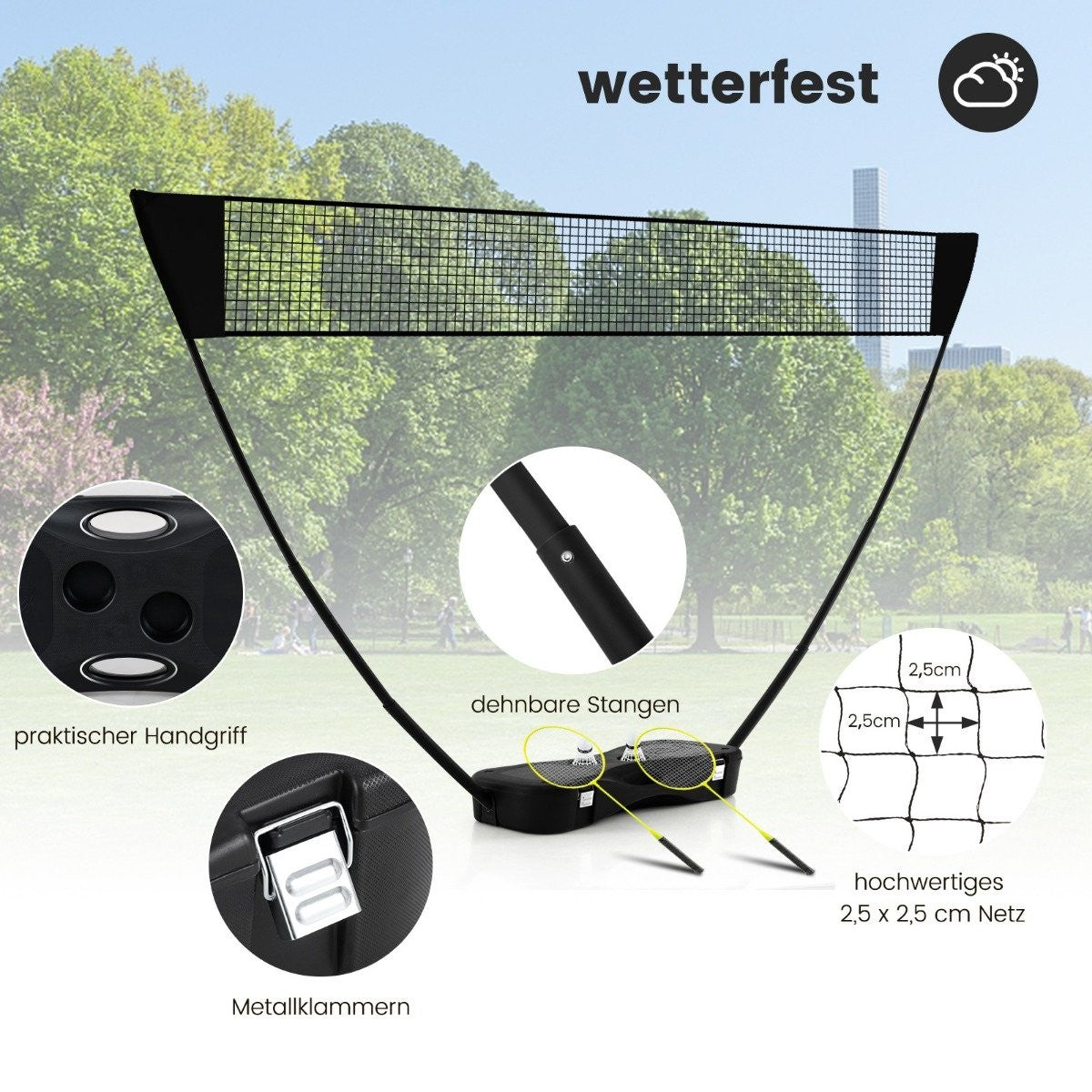 Una red de bádminton está instalada. La imagen muestra detalles de la red, incluido el mango, las abrazaderas metálicas y la estructura de la red, con árboles de fondo.