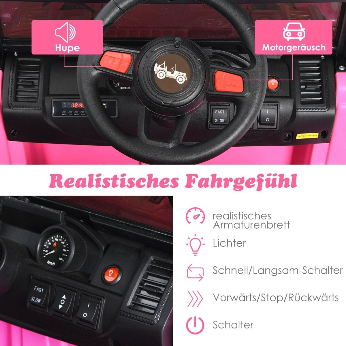 Primer plano del tablero de un coche de juguete rosa con volante, botones y pantalla. Incluye velocímetro, bocina y ajustes de velocidad.