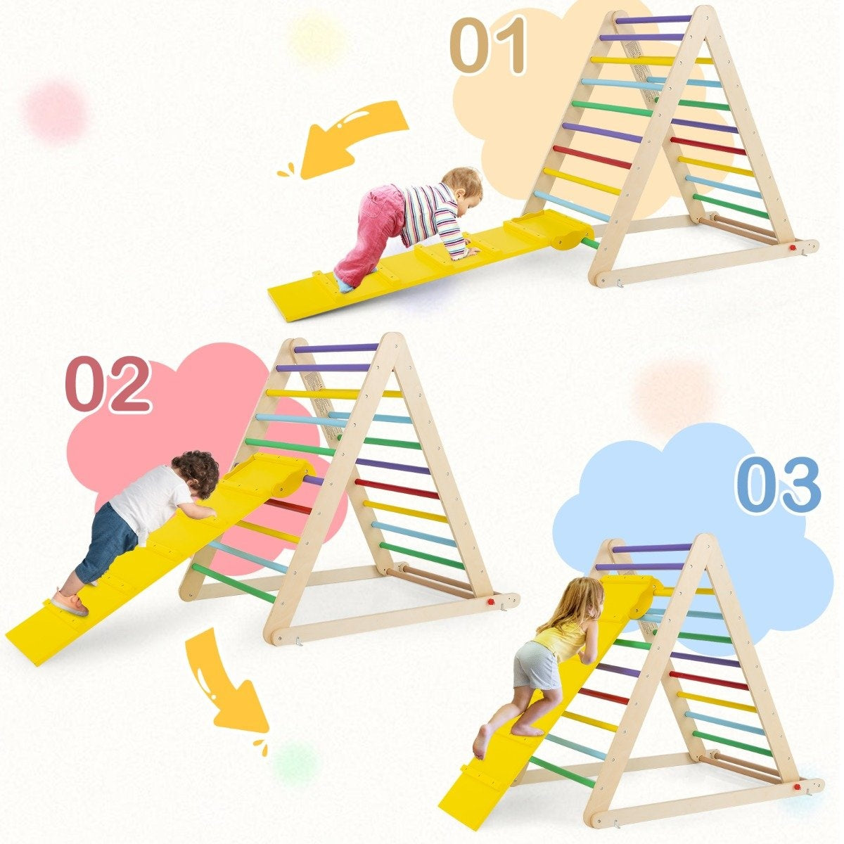 Tres niños en estructuras de escalada de madera. Cada estructura tiene una rampa amarilla y peldaños coloridos. Los números 01, 02, 03 están en el fondo.