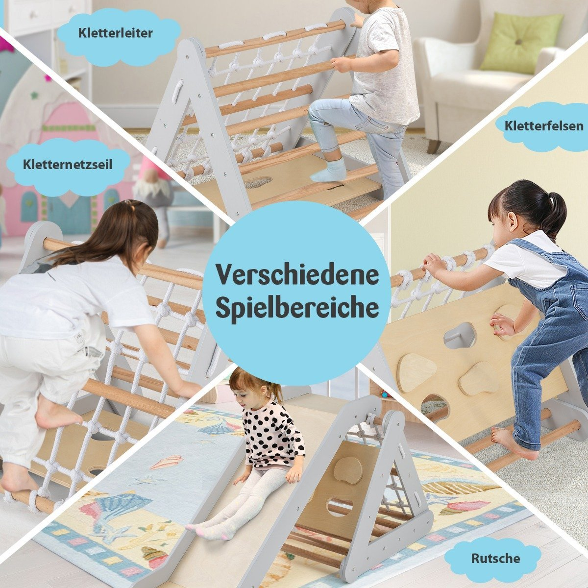 Niños jugando en varios equipos de juegos, incluyendo un marco de escalada, red, tobogán y pared de escalada. Diferentes áreas.