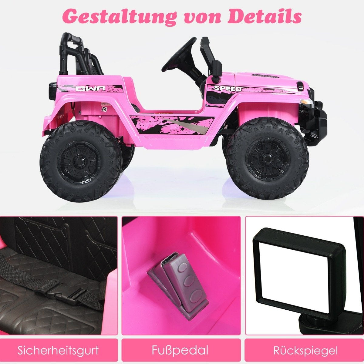 Un jeep de juguete rosa con ruedas negras. Los detalles incluyen volante, cinturón de seguridad, pedal y espejo lateral. El fondo es blanco.