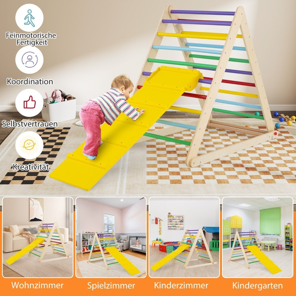 Un niño escala un arco de escalada de madera con una rampa amarilla. El arco tiene barras de colores. El suelo está alfombrado.